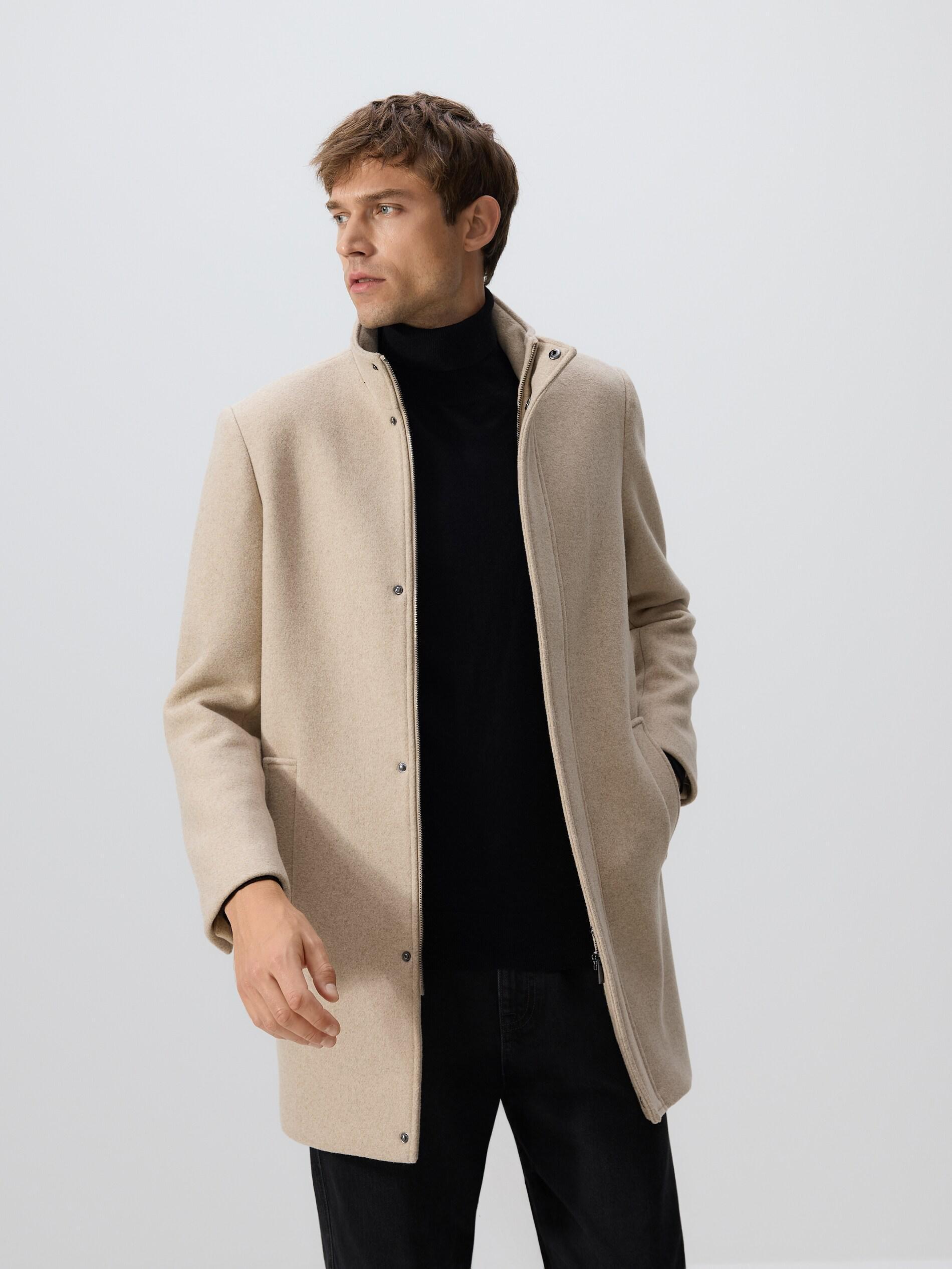 Beige Longline Wool Blend Coat, Beige, large image number 3
