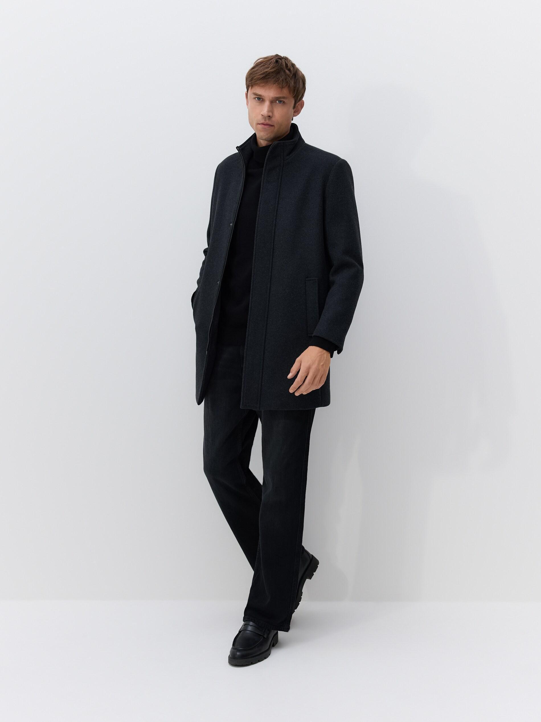 Black Longline Wool Blend Coat, Black, medium