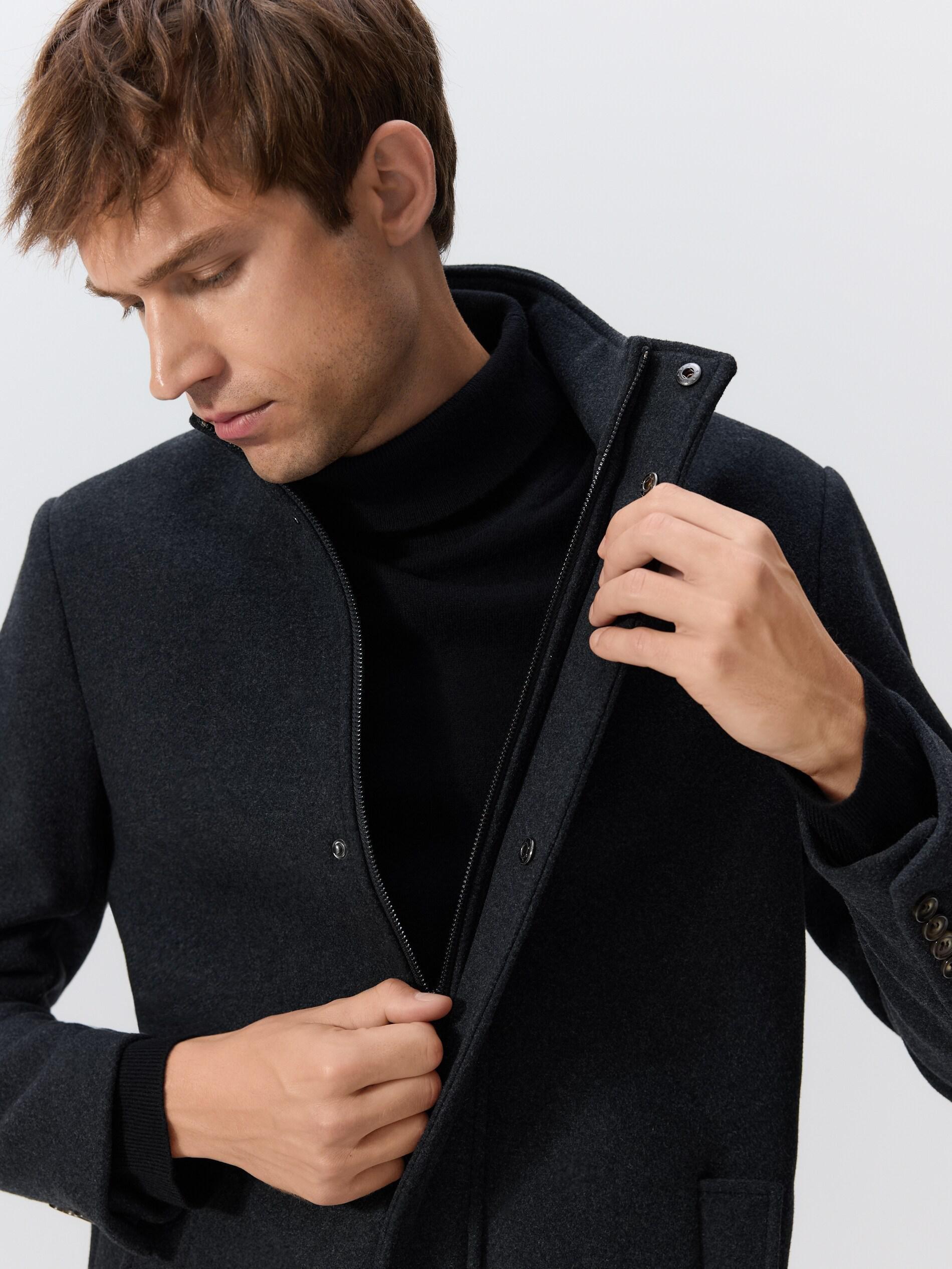 Black Longline Wool Blend Coat, Black, large image number 1