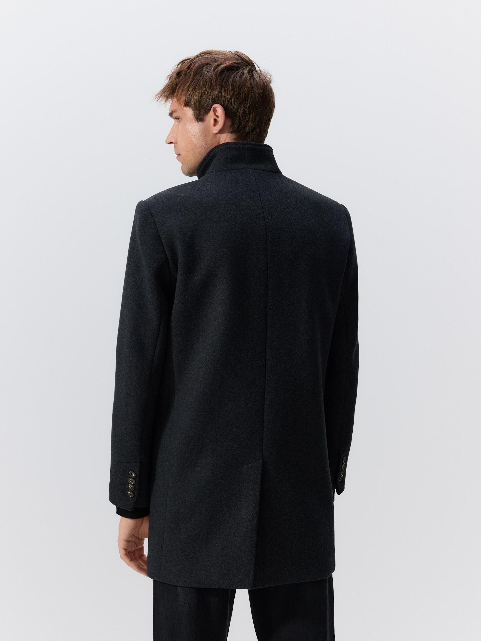 Black Longline Wool Blend Coat, Black, large image number 3