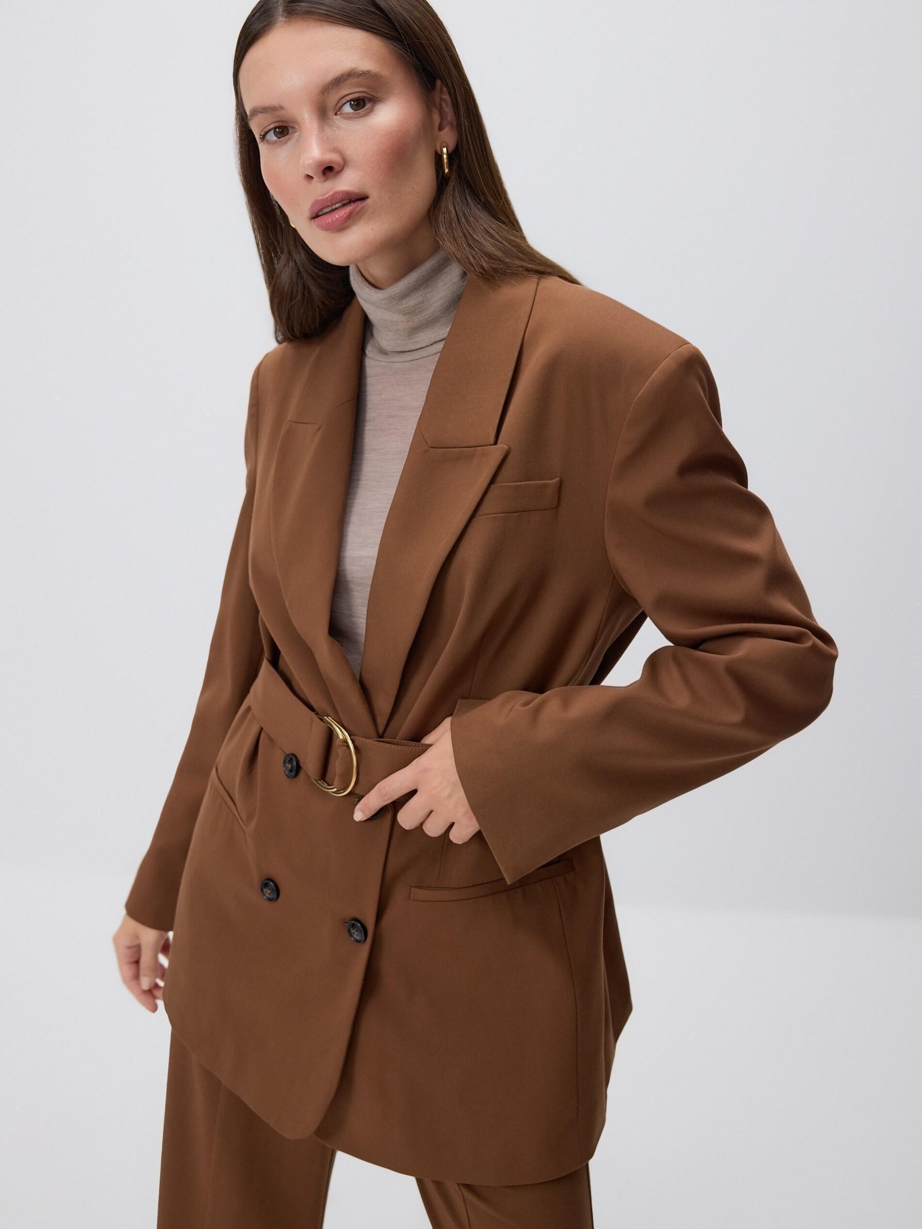 Brown Double Breasted Blazer With Belt, Brown, large image number 0