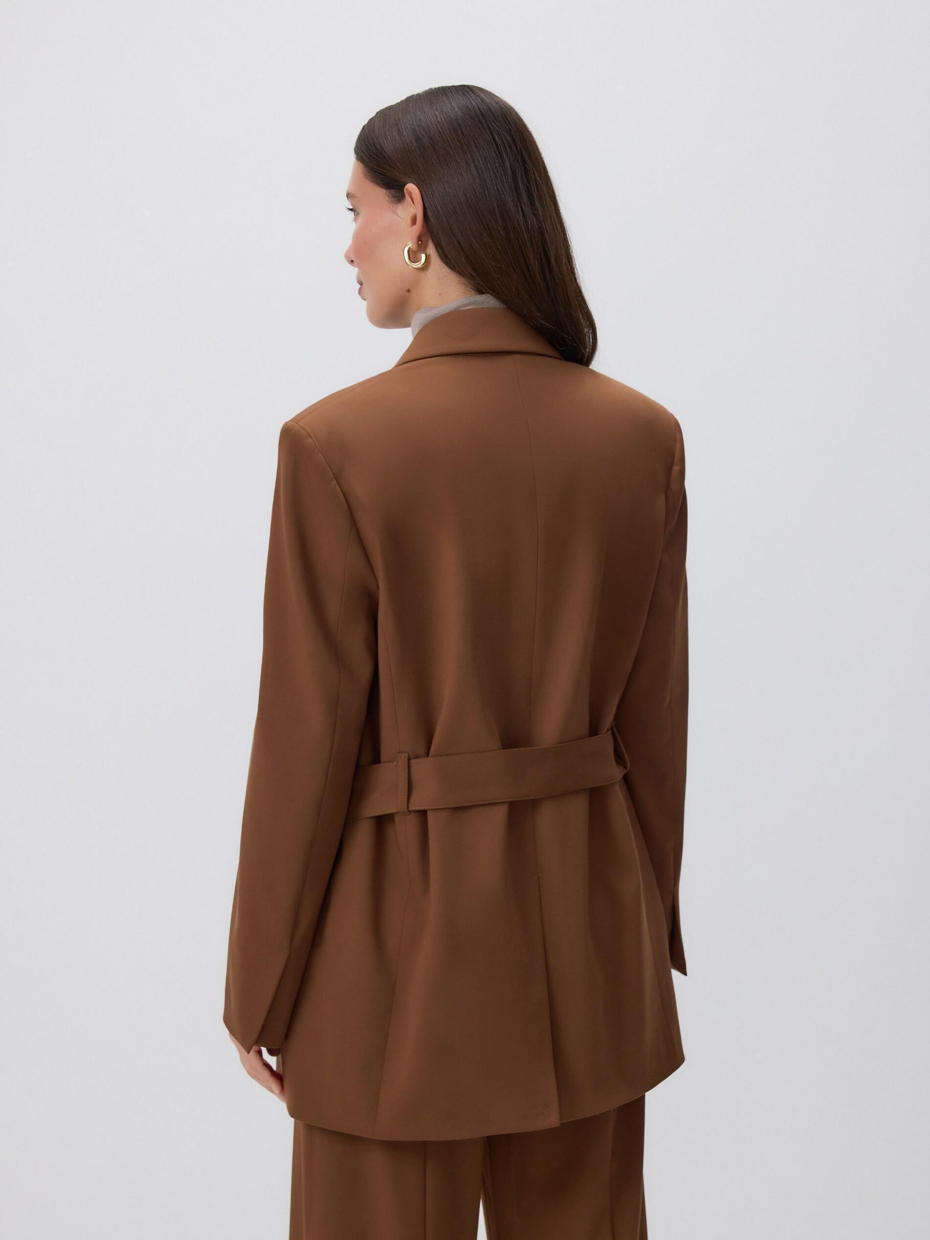 Brown Double Breasted Blazer With Belt, Brown, large image number 2