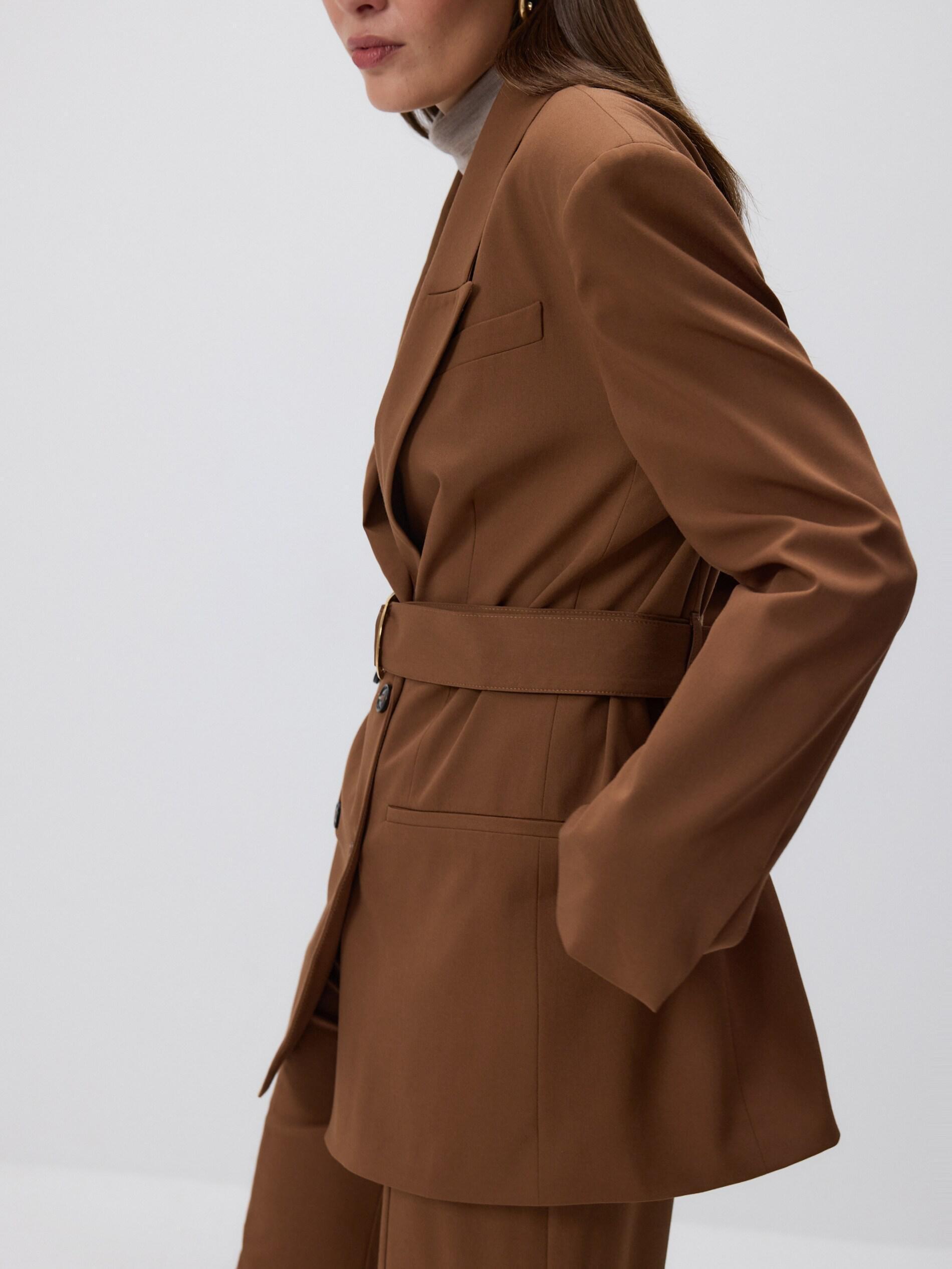 Brown Double Breasted Blazer With Belt, Brown, large image number 3