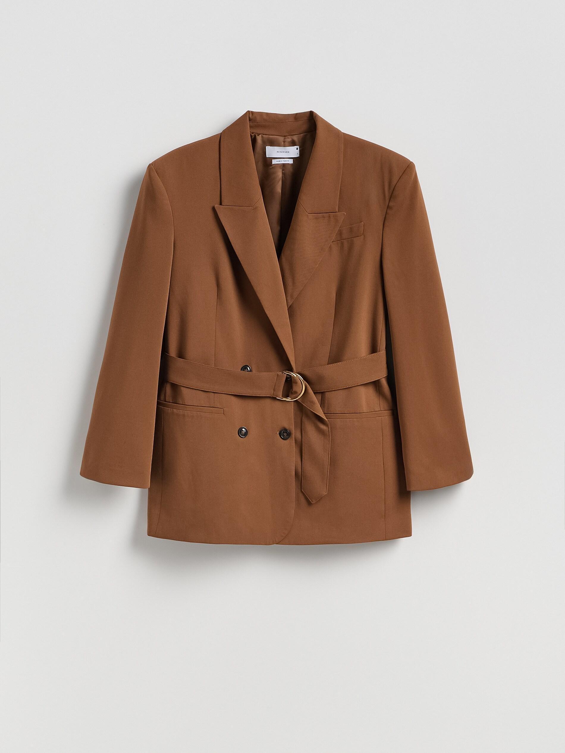 Brown Double Breasted Blazer With Belt, Brown, large image number 4