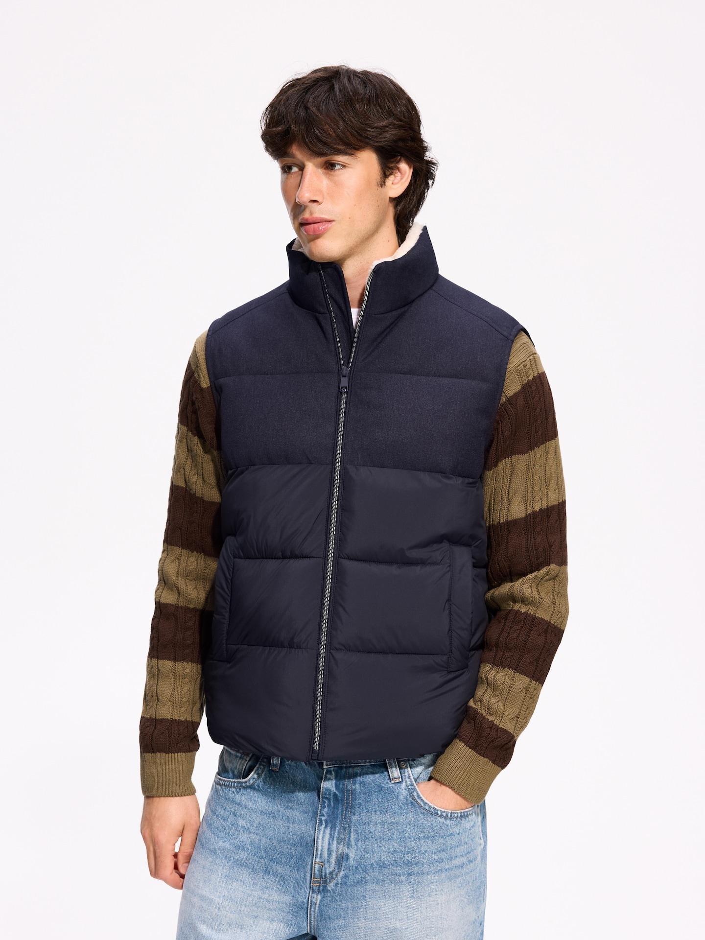 Navy Quilted Vest With Stand Up Collar, Navy, medium