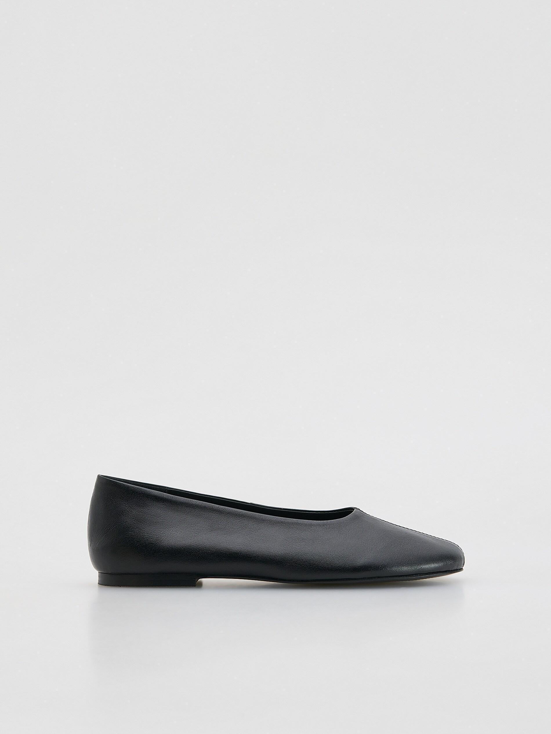 Black Leather Ballerinas, Black, medium