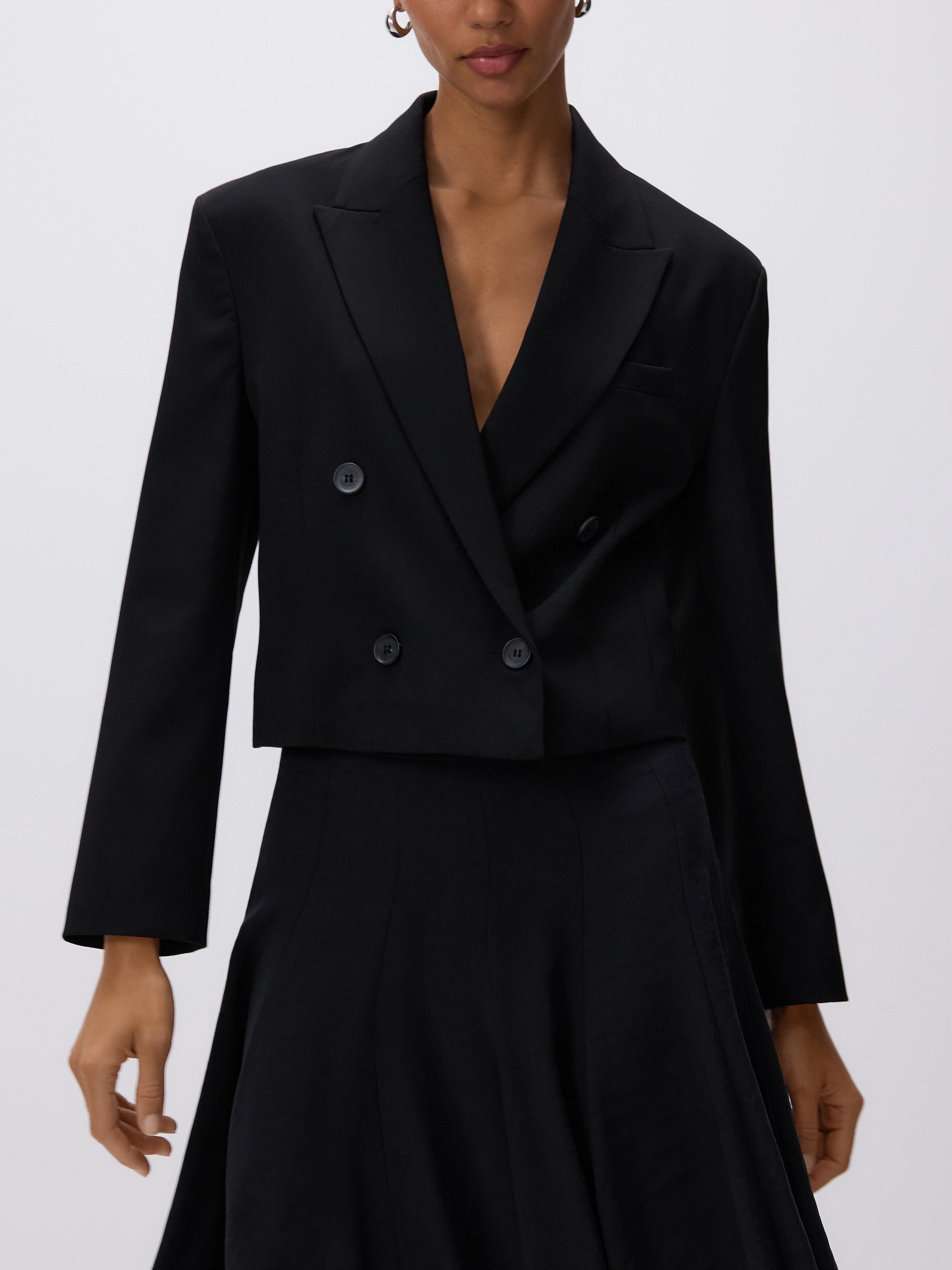 Black Short Wool-Blend Blazer, Black, medium