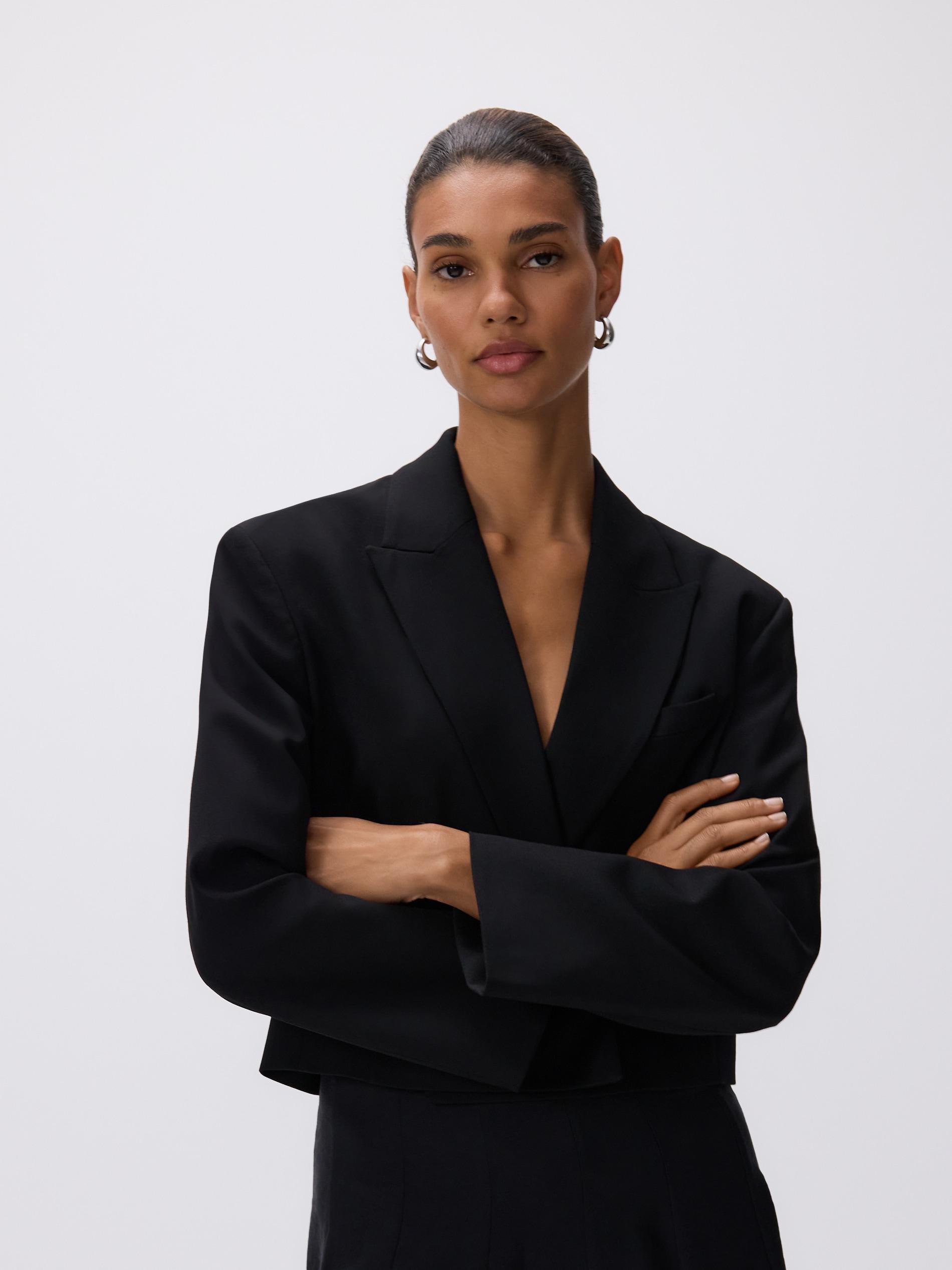 Black Short Wool-Blend Blazer, Black, medium