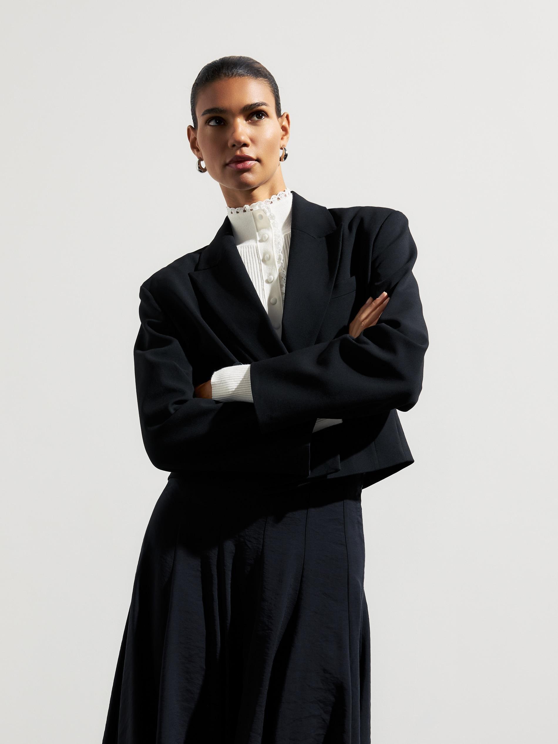 Black Short Wool-Blend Blazer, Black, large image number 7