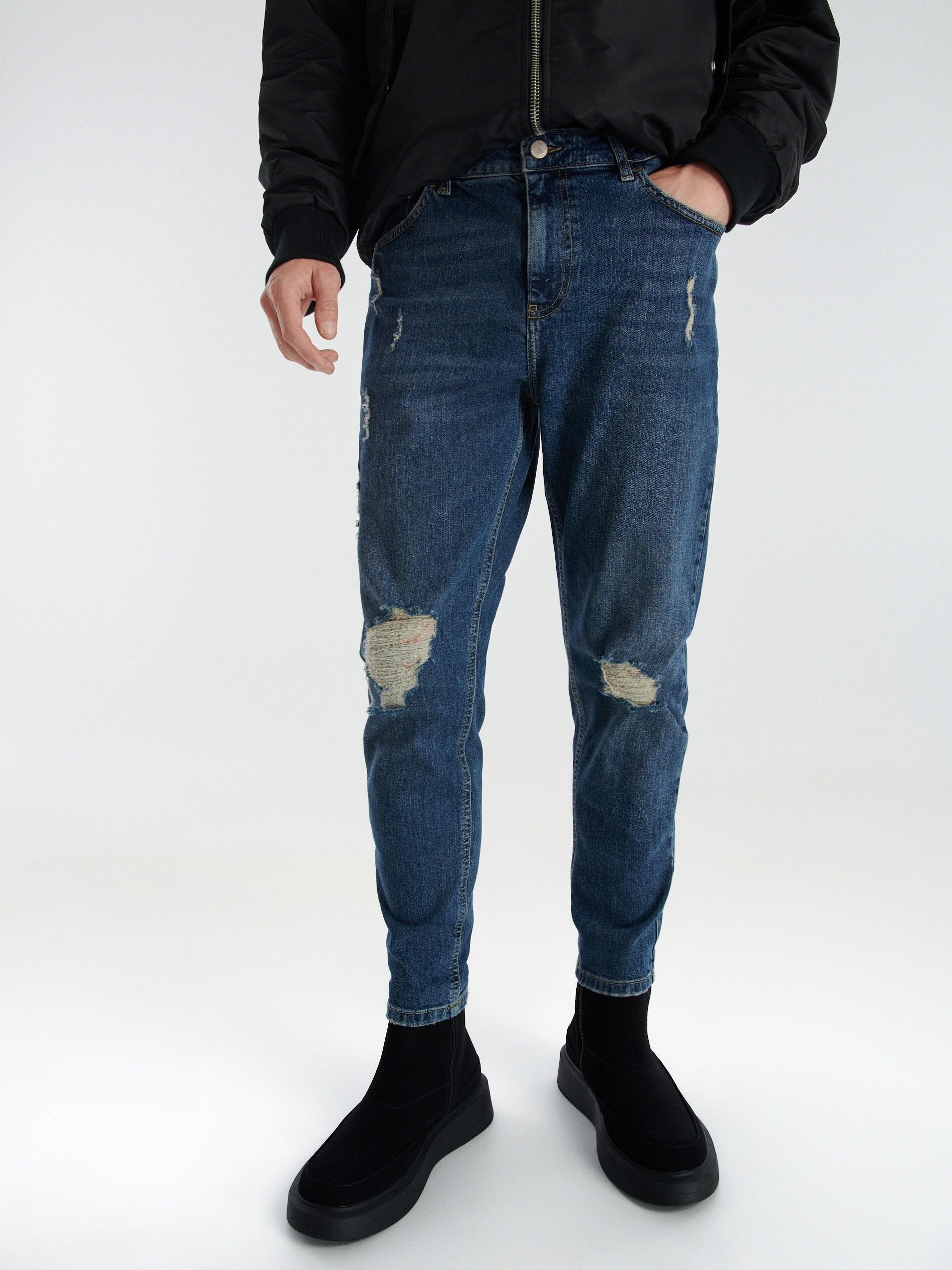 Blue Ripped Leg Carrot Jeans, , large image number 1