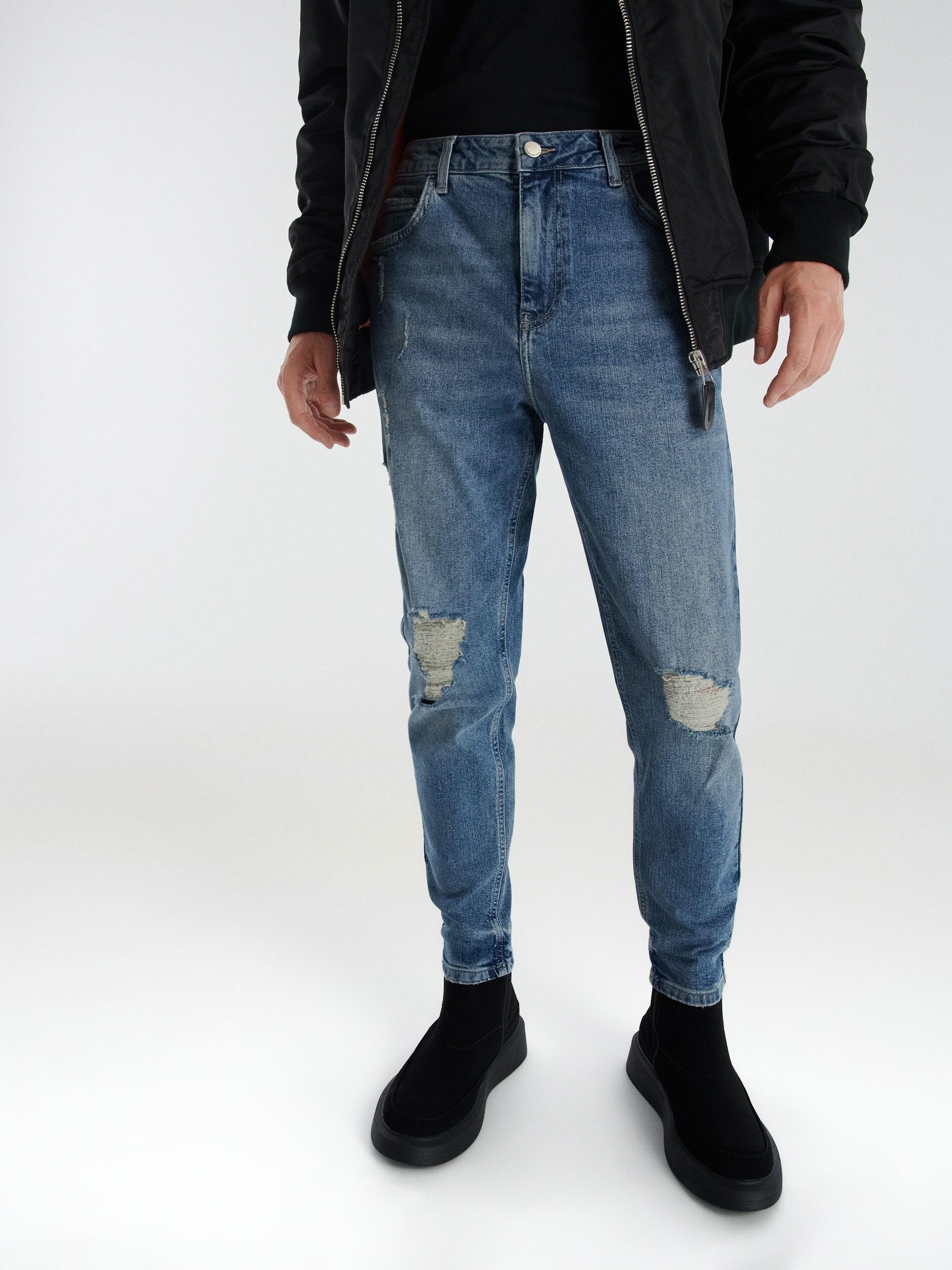 Blue Ripped Leg Carrot Jeans, , large image number 0