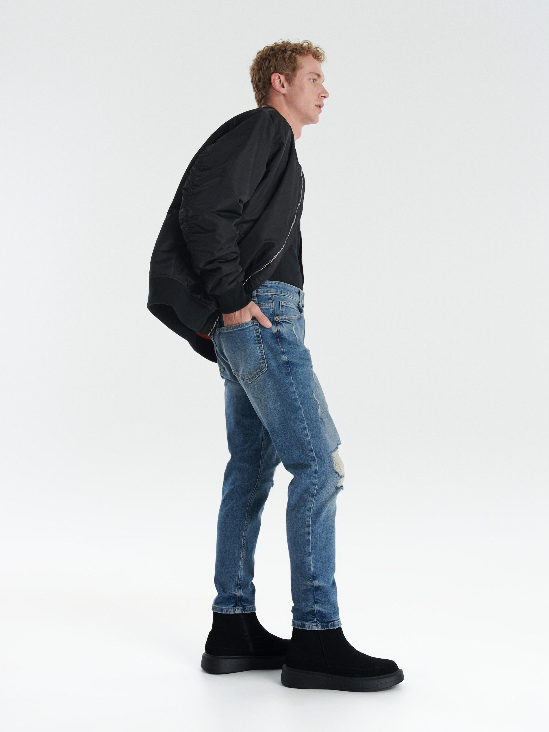 Blue Ripped Leg Carrot Jeans, , large image number 1