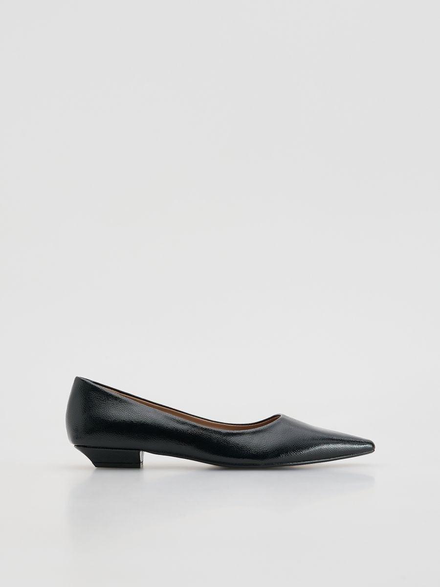 Black Leather Heeled Ballerinas, Black, large image number 0
