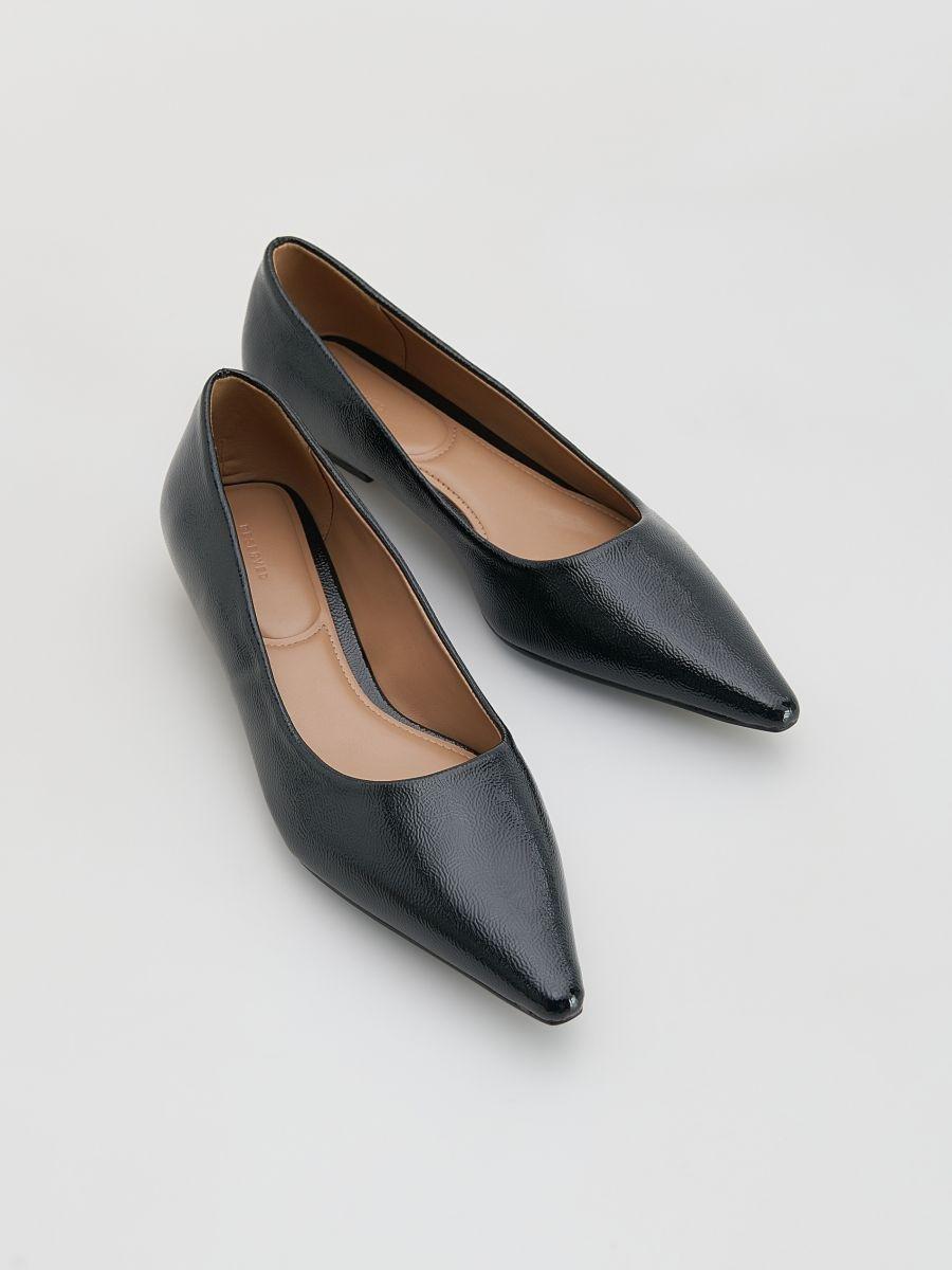 Black Leather Heeled Ballerinas, Black, large image number 1