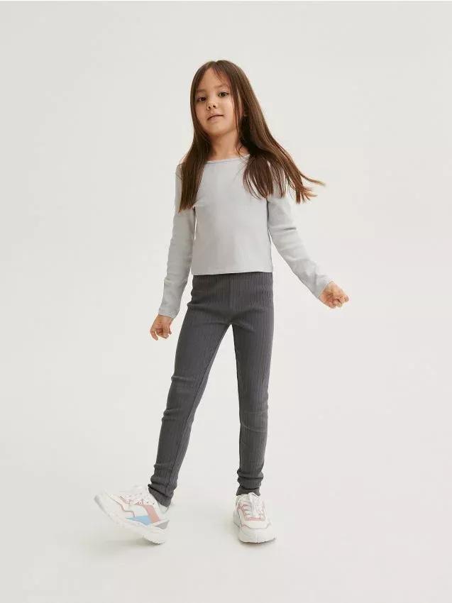 Grey Rib Knit Jersey Leggings, Kids Girls, , large image number 0