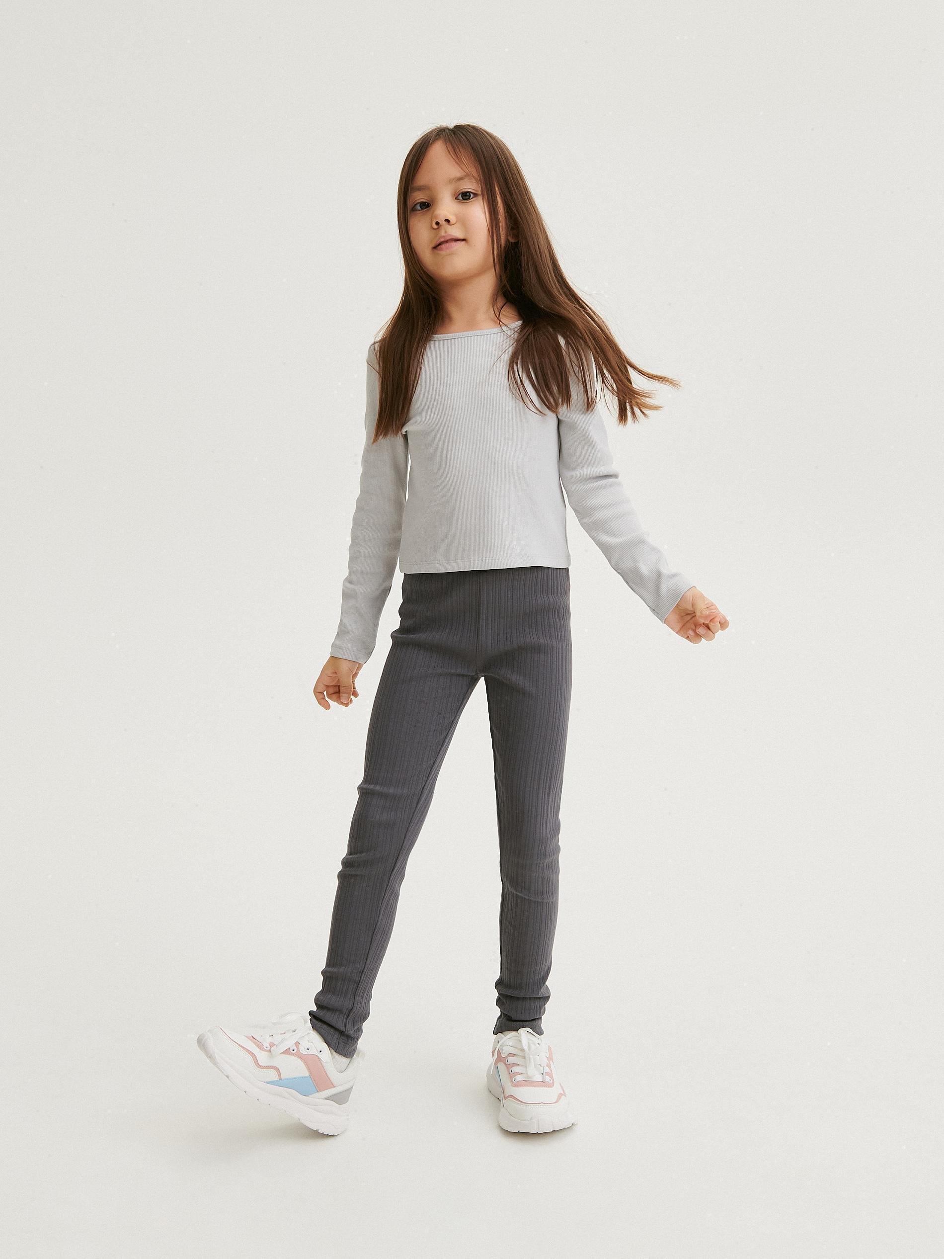 Grey Rib Knit Jersey Leggings, Kids Girls, , large image number 1