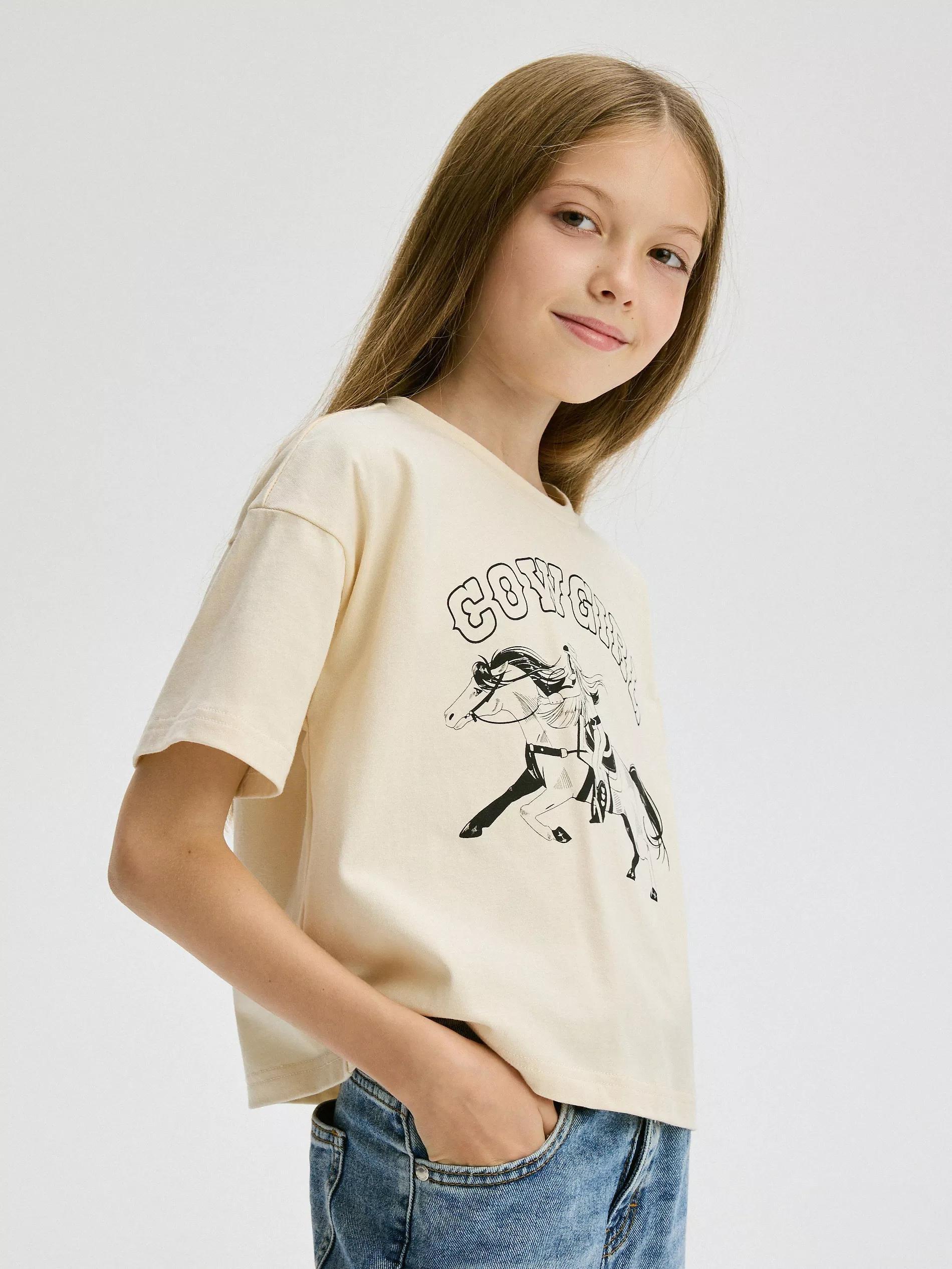 Beige Cotton T-Shirt With Print, , large image number 0