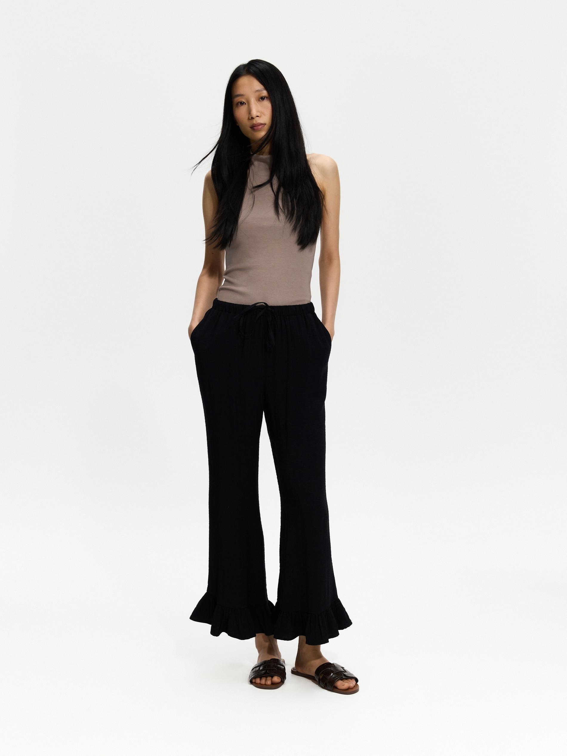Black Loose Trousers With Ruffles, Black, large image number 0