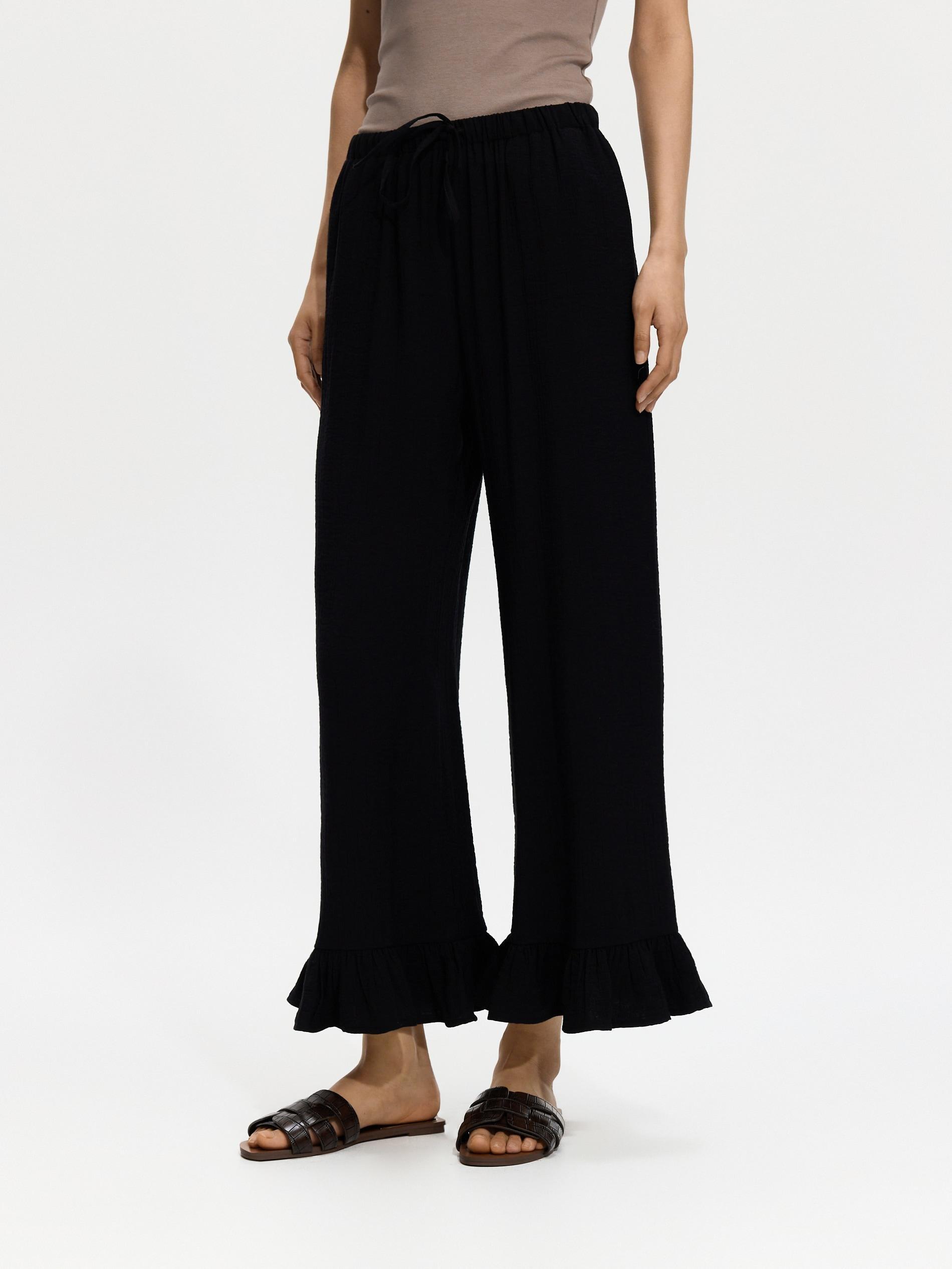 Black Loose Trousers With Ruffles, Black, large image number 1