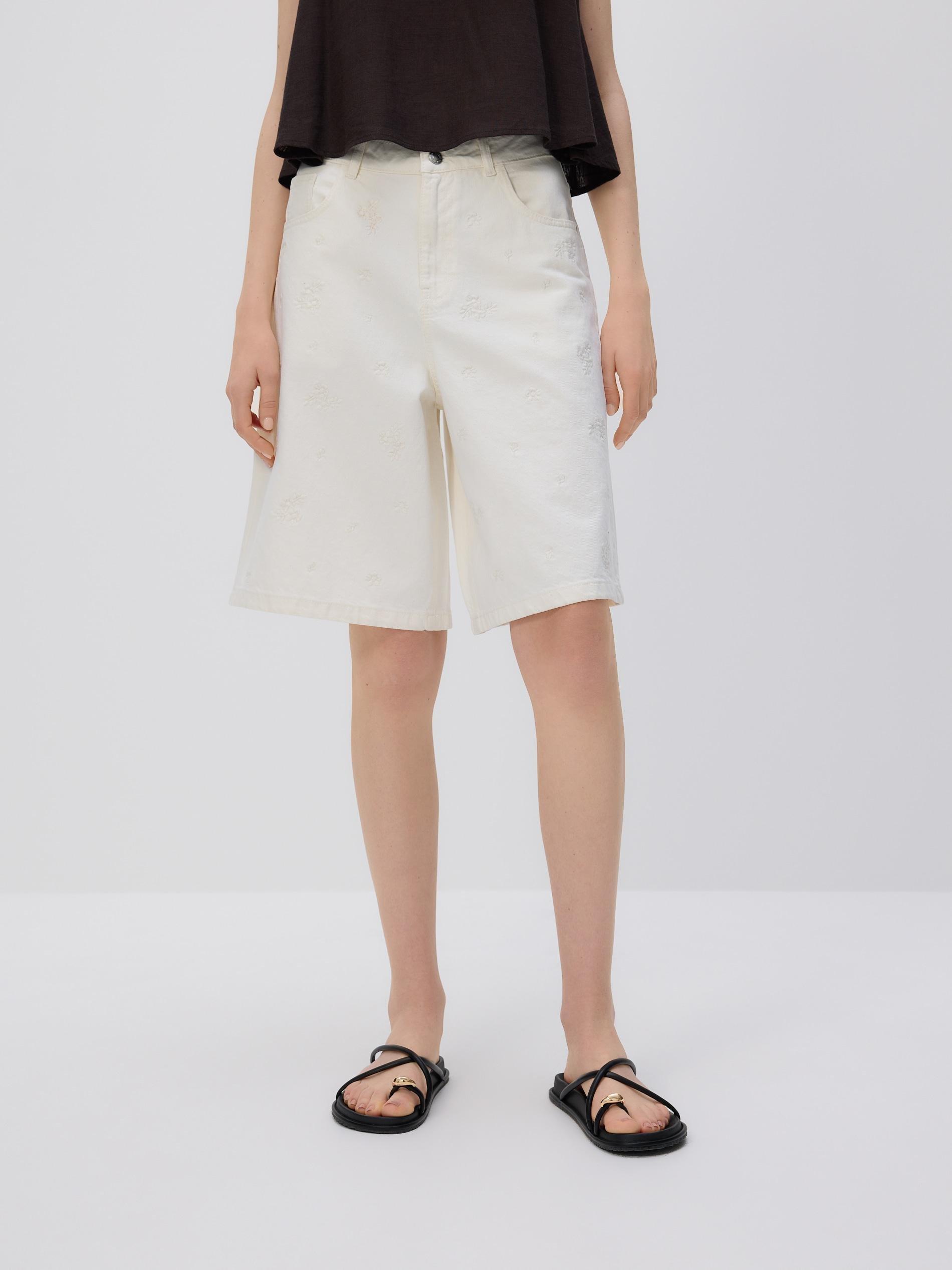 Cream Embroidered Denim Shorts, Ivory, large image number 0