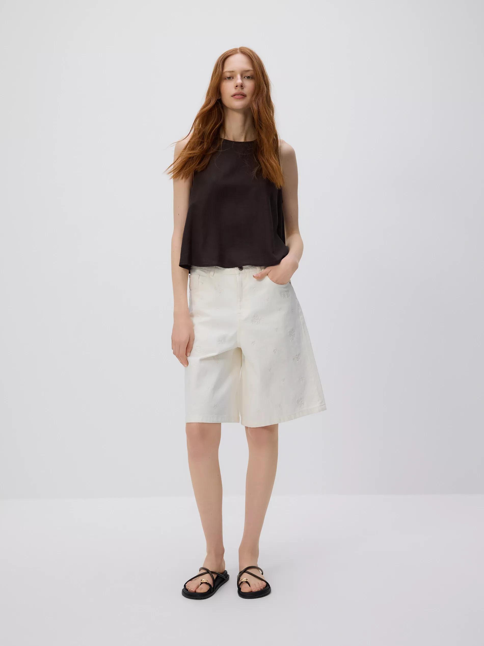 Cream Embroidered Denim Shorts, Ivory, large image number 1
