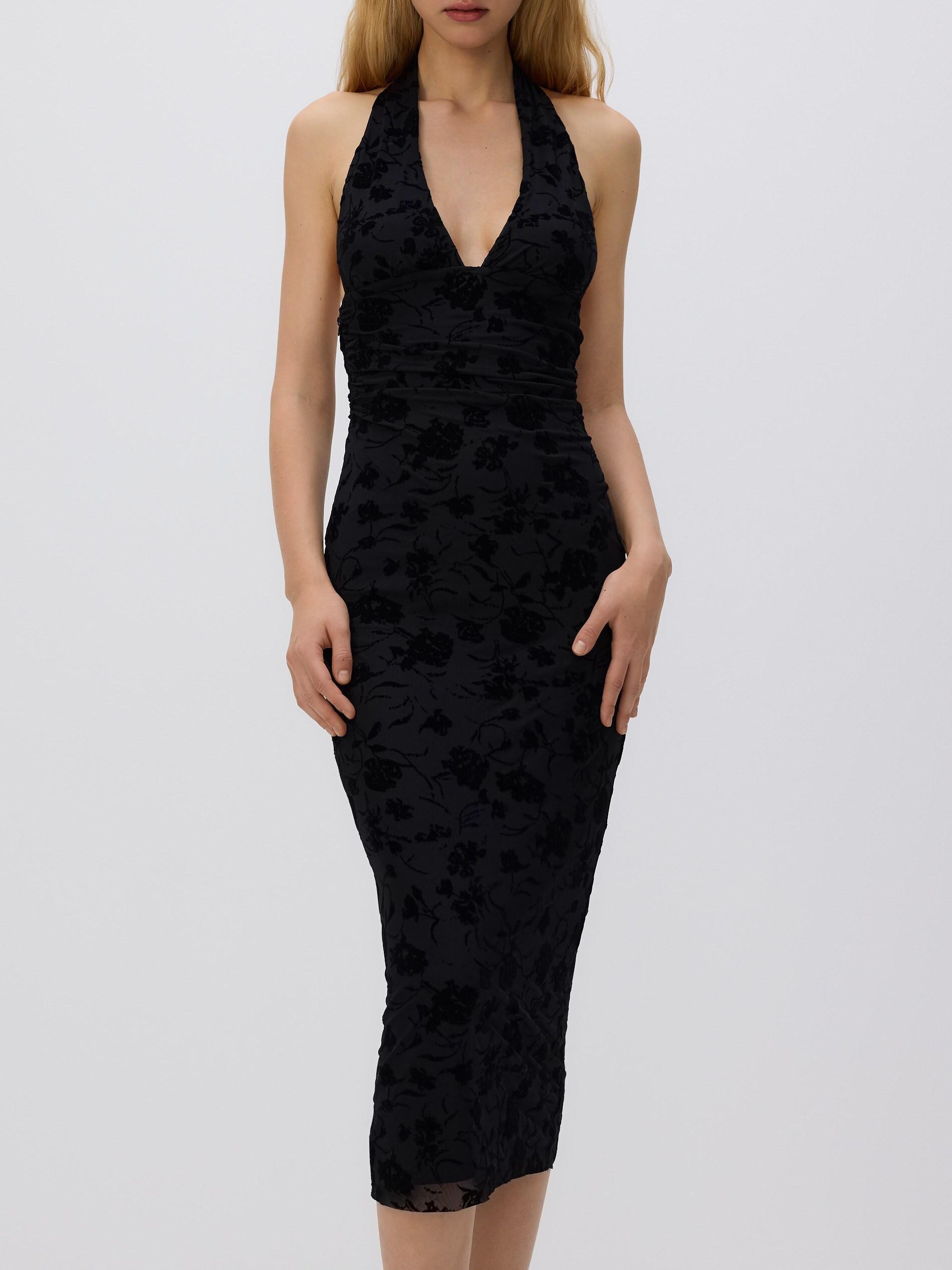 Black One Shoulder Dress With Velvet Detailing, Black, large image number 0