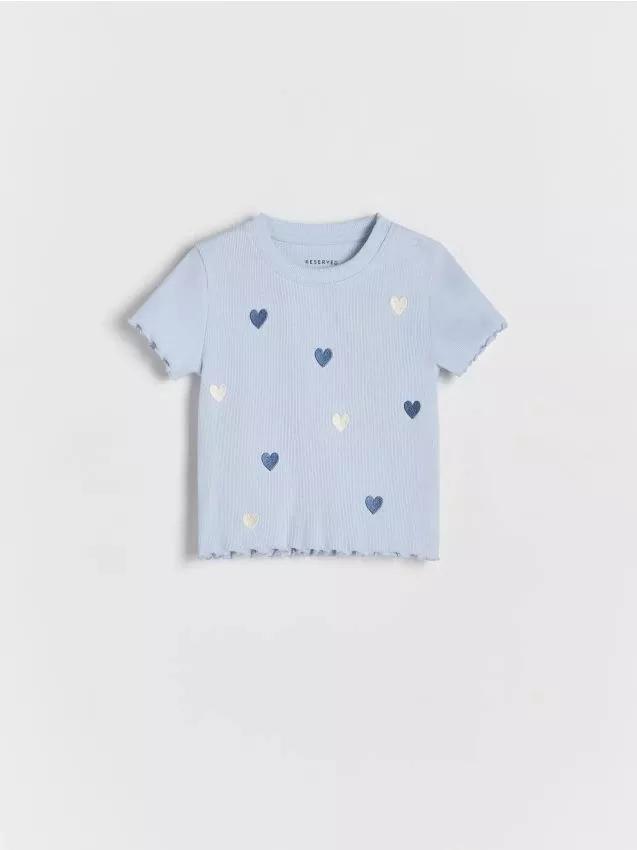 Blue Embroidery Rib Knit T-Shirt , Kids Girls, , large image number 0