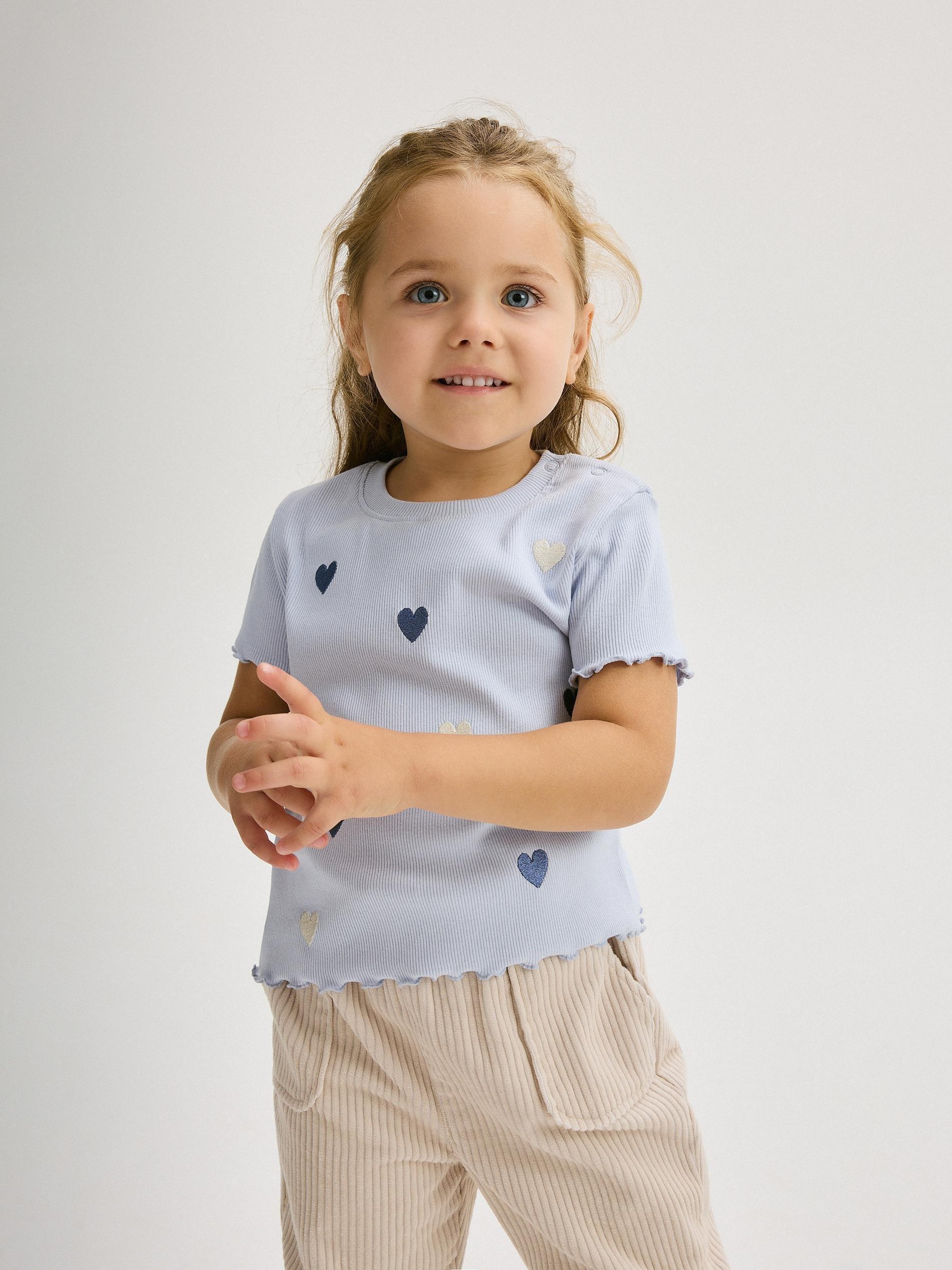 Blue Embroidery Rib Knit T-Shirt , Kids Girls, , large image number 2