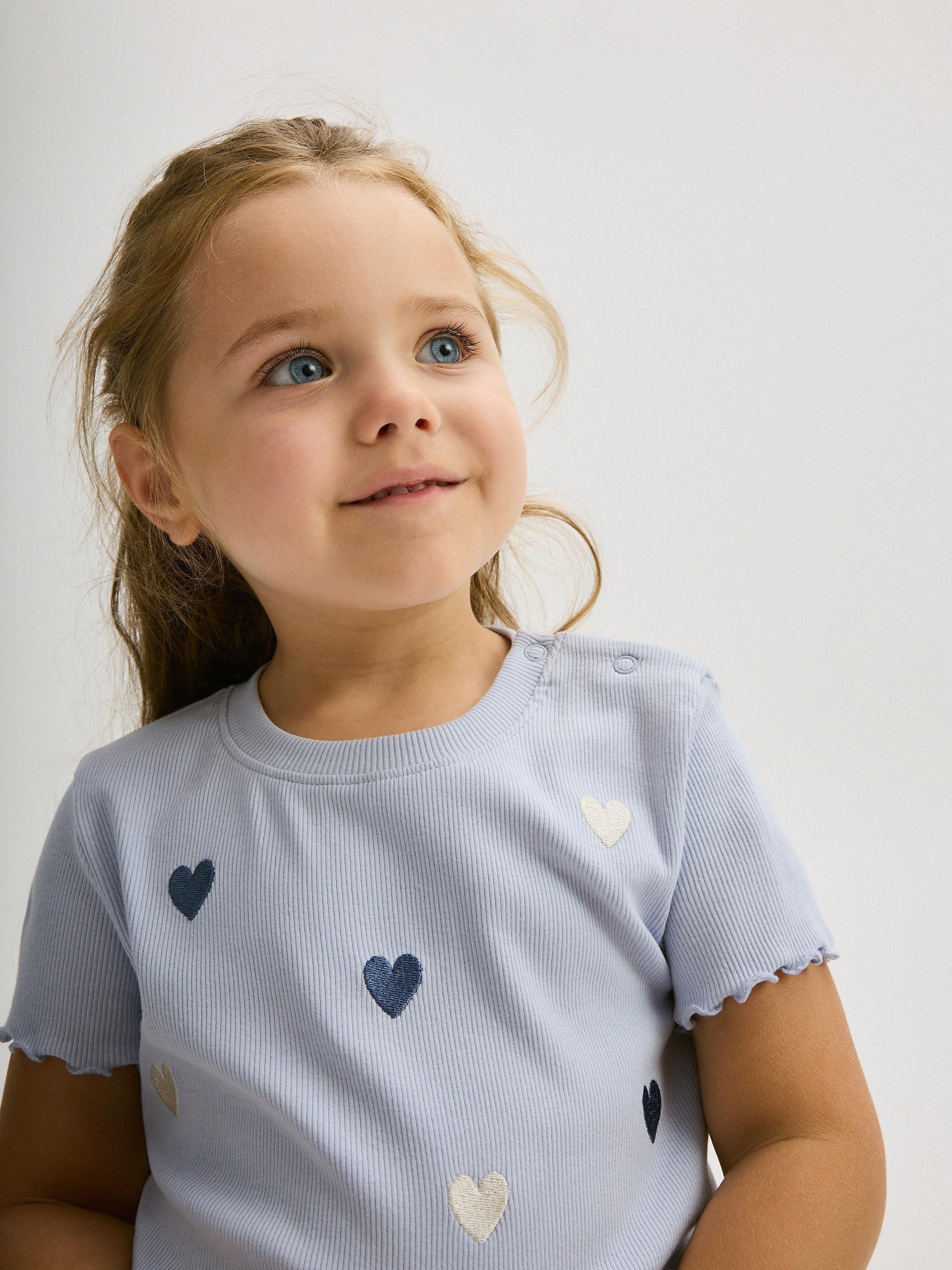Blue Embroidery Rib Knit T-Shirt , Kids Girls, , large image number 3