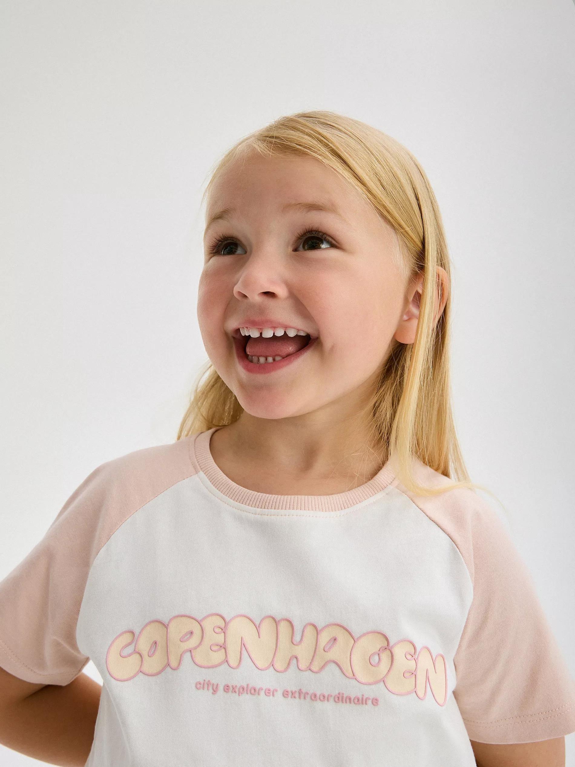 Cream Printed Cotton T-Shirt, Kids Girls, , large image number 0