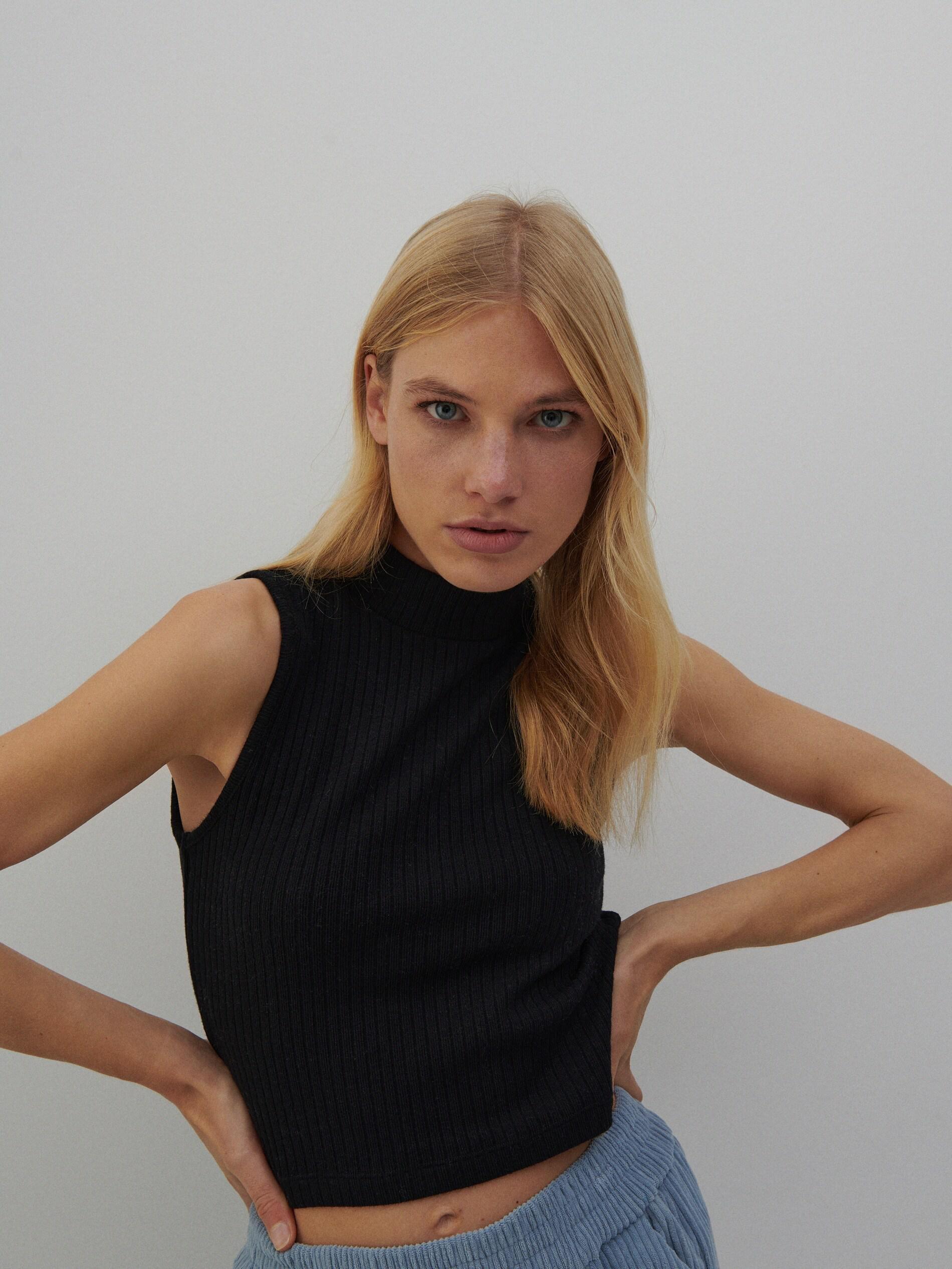 Black Ribbed Knit Top, , large image number 0