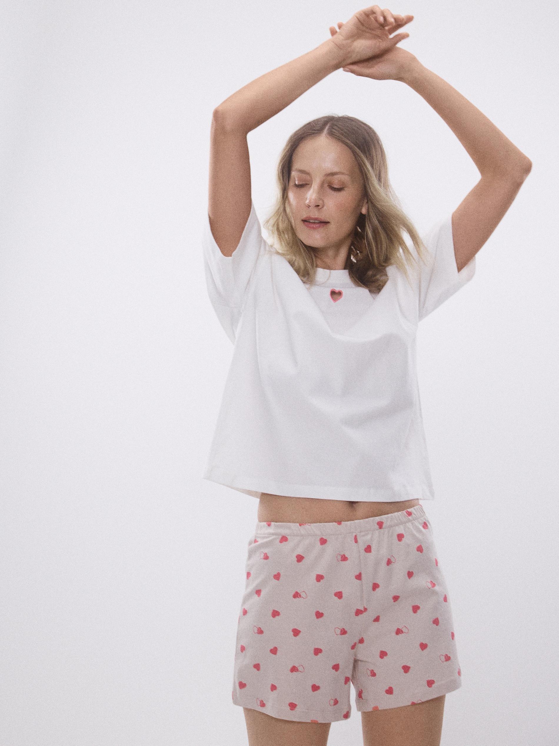 Beige Two Piece Pyjama Set With Heart Motif, Beige, large image number 0