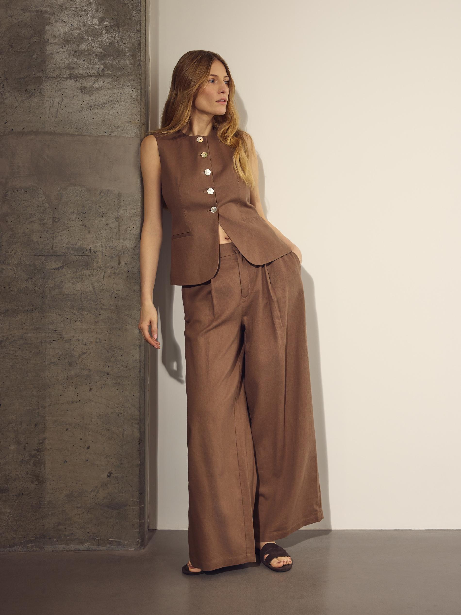 Beige Linen Rich Wide Leg Trousers, Beige, large image number 0