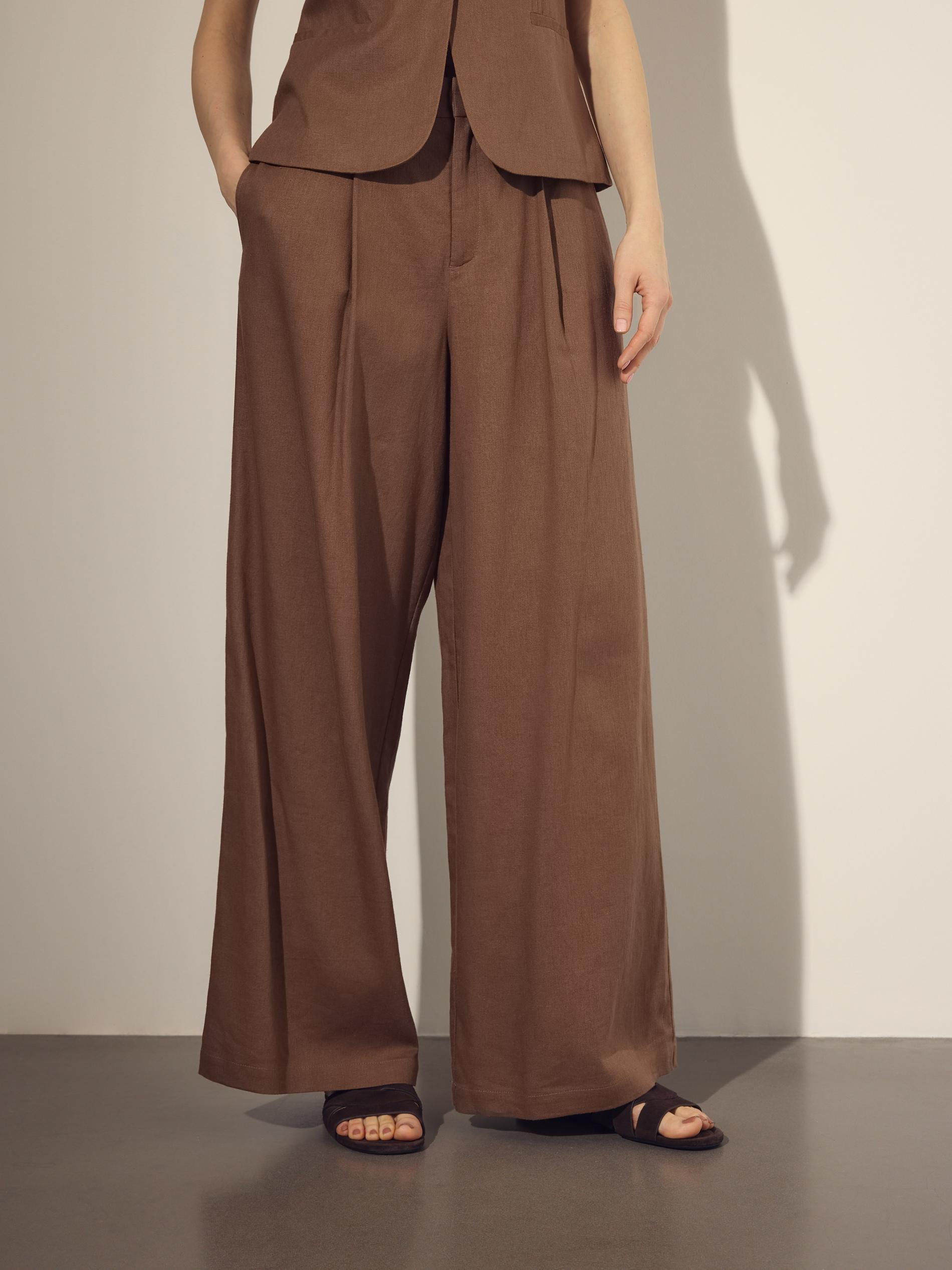 Beige Linen Rich Wide Leg Trousers, Beige, large image number 1