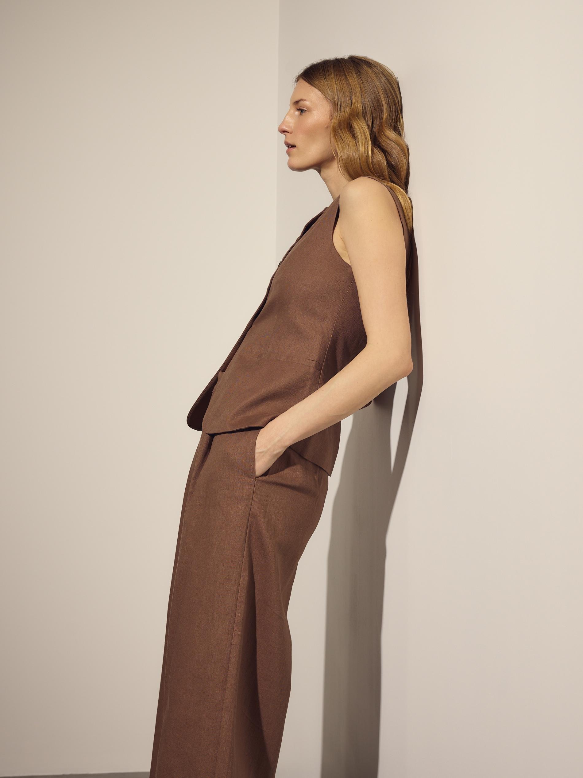 Beige Linen Rich Wide Leg Trousers, Beige, large image number 3