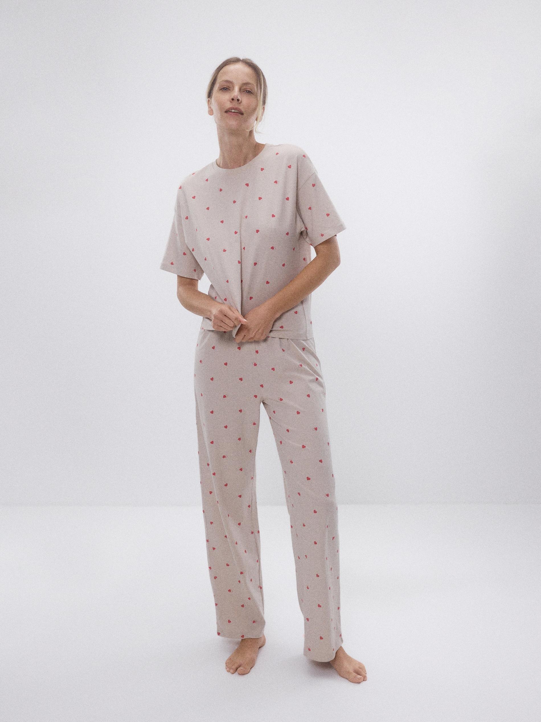 Beige Two Piece Pyjama Set With Heart Print, Beige, large image number 0
