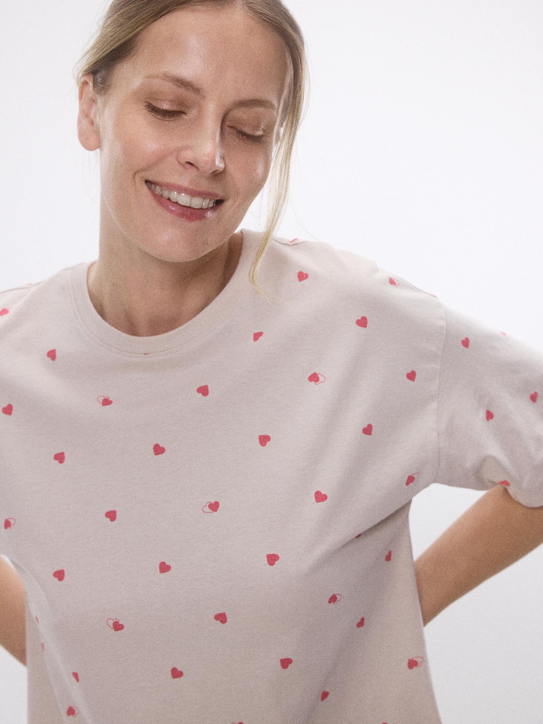 Beige Two Piece Pyjama Set With Heart Print, Beige, large image number 1