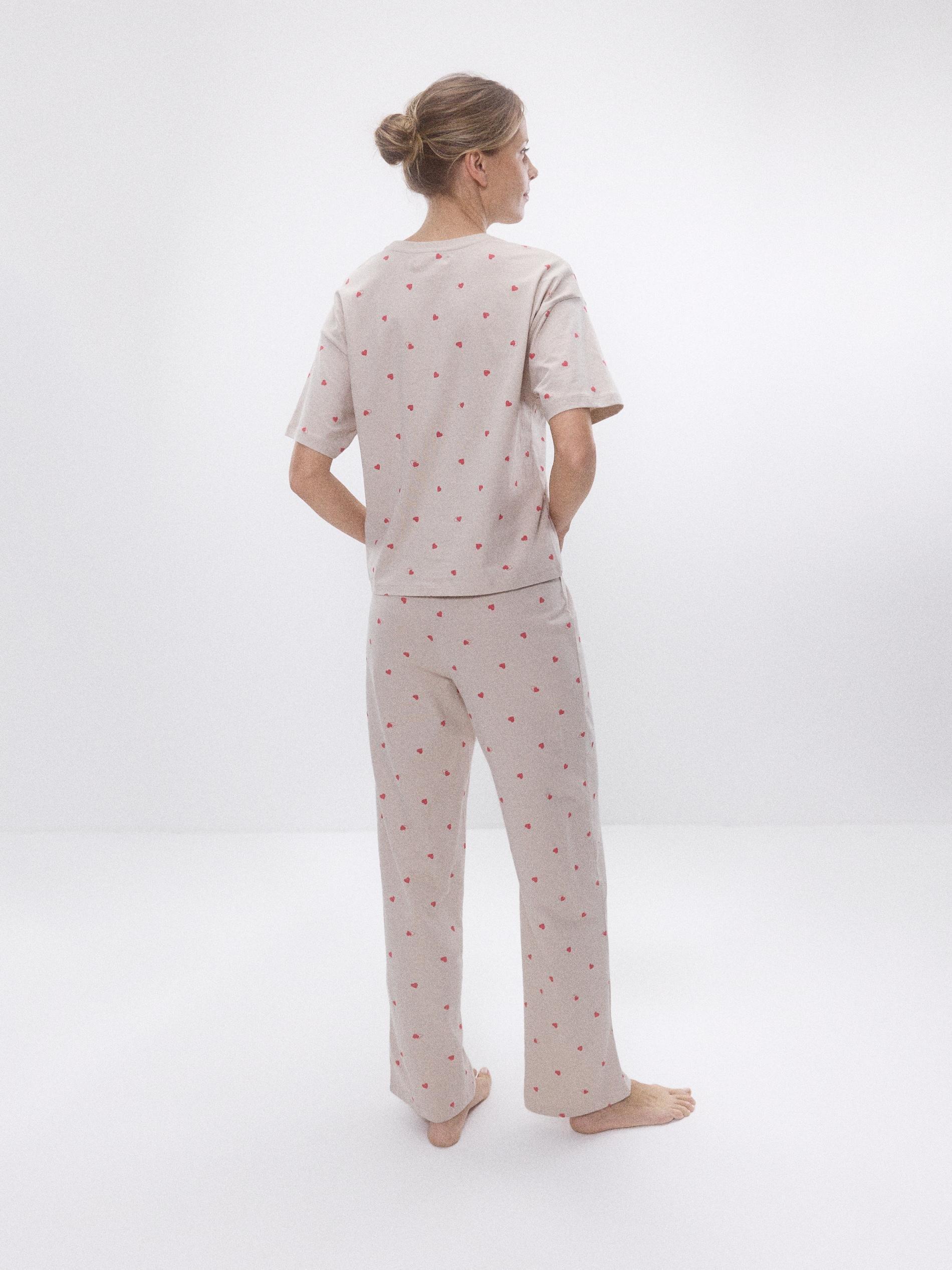 Beige Two Piece Pyjama Set With Heart Print, Beige, large image number 2