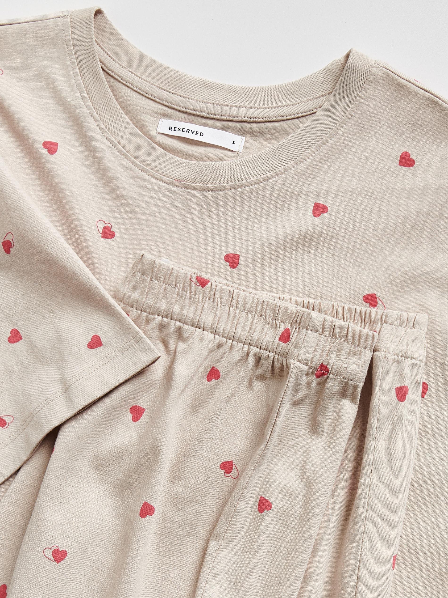 Beige Two Piece Pyjama Set With Heart Print, Beige, large image number 4
