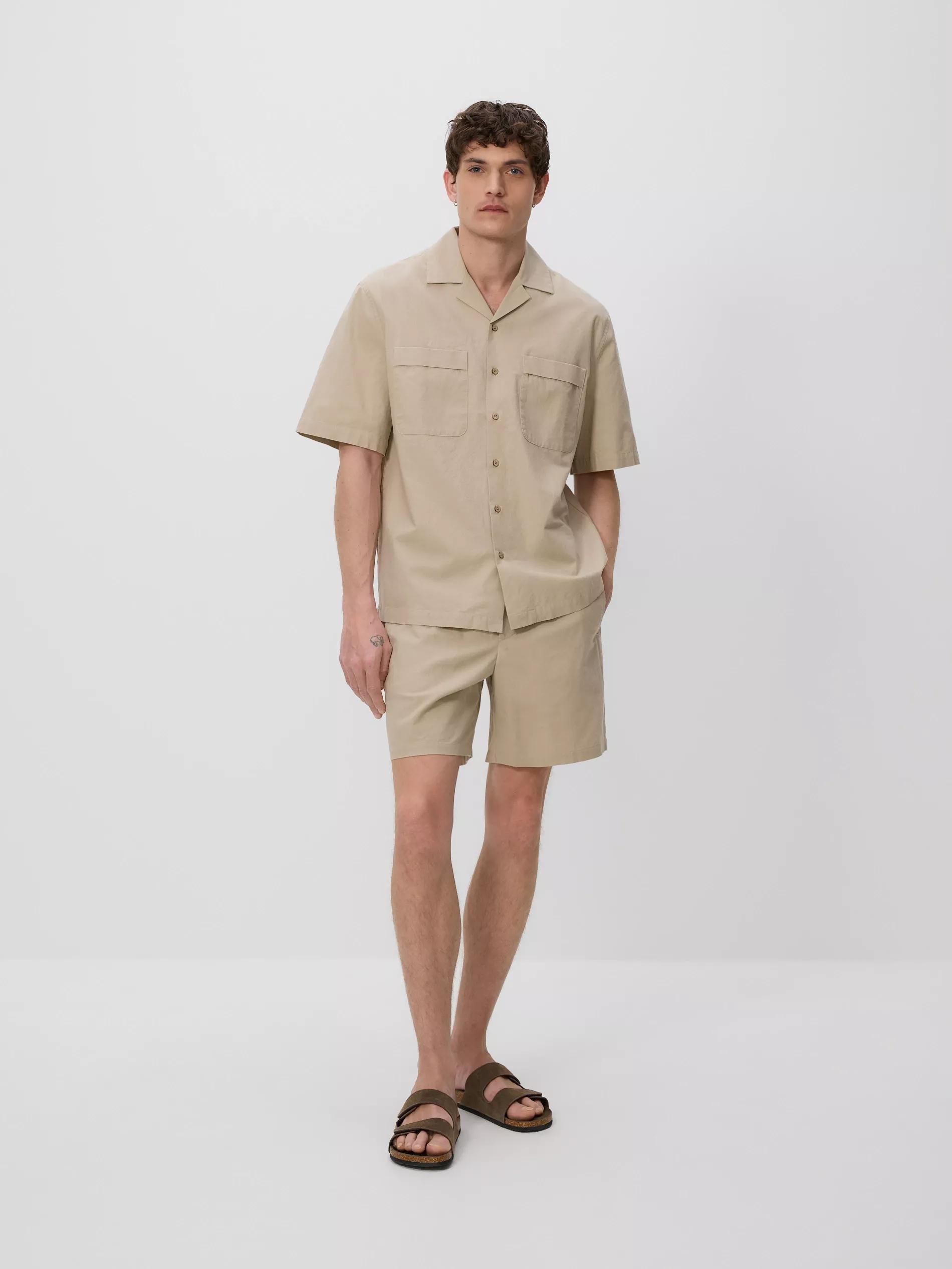 Beige Linen Blend Slim Shorts, Beige, large image number 3