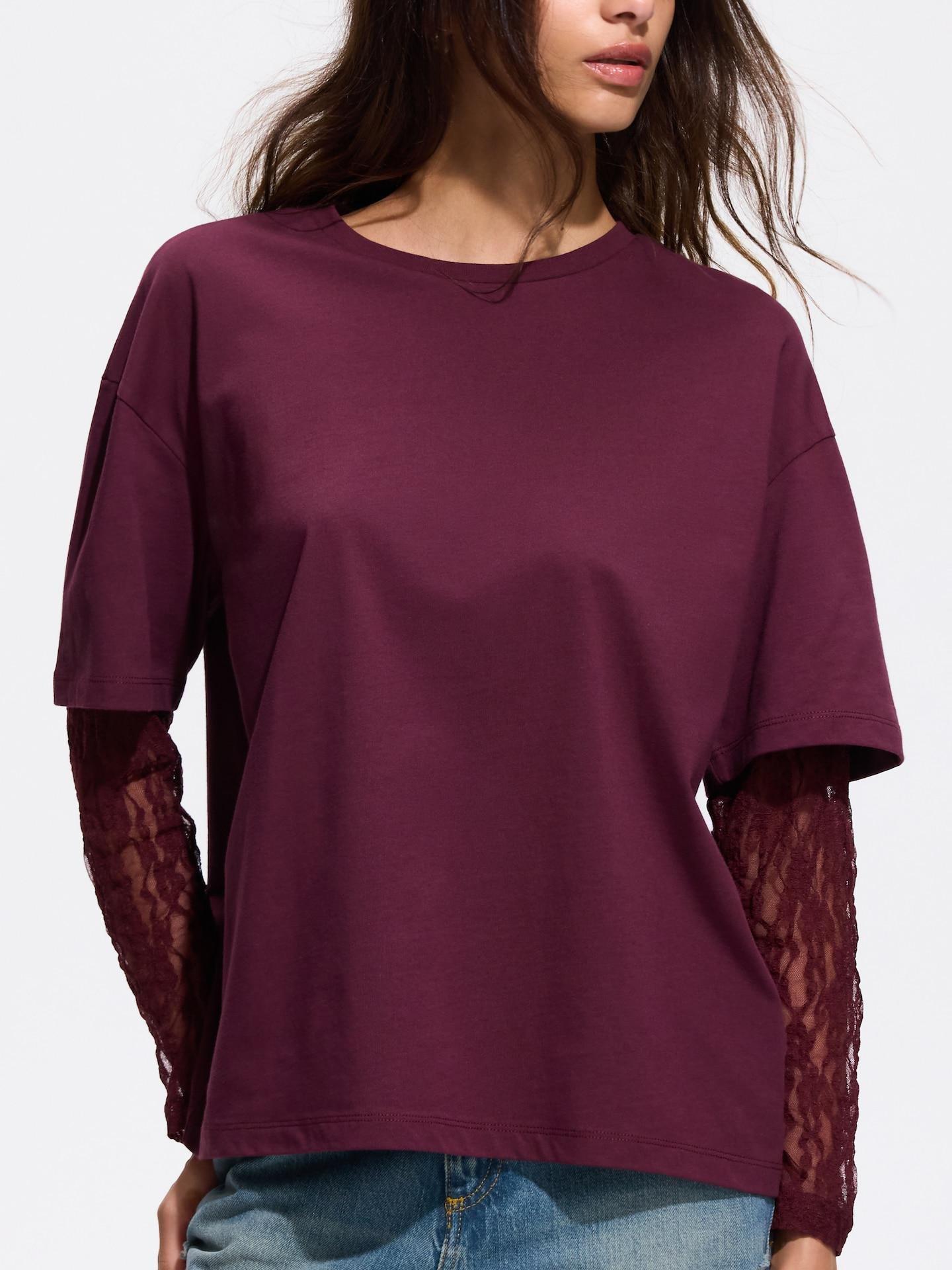 Red Oversize Long Sleeve Top With Lace, Burgundy, large image number 0