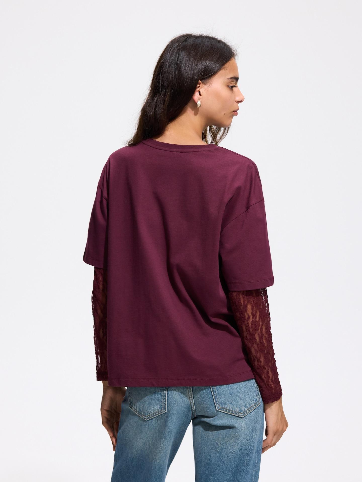Red Oversize Long Sleeve Top With Lace, Burgundy, large image number 1
