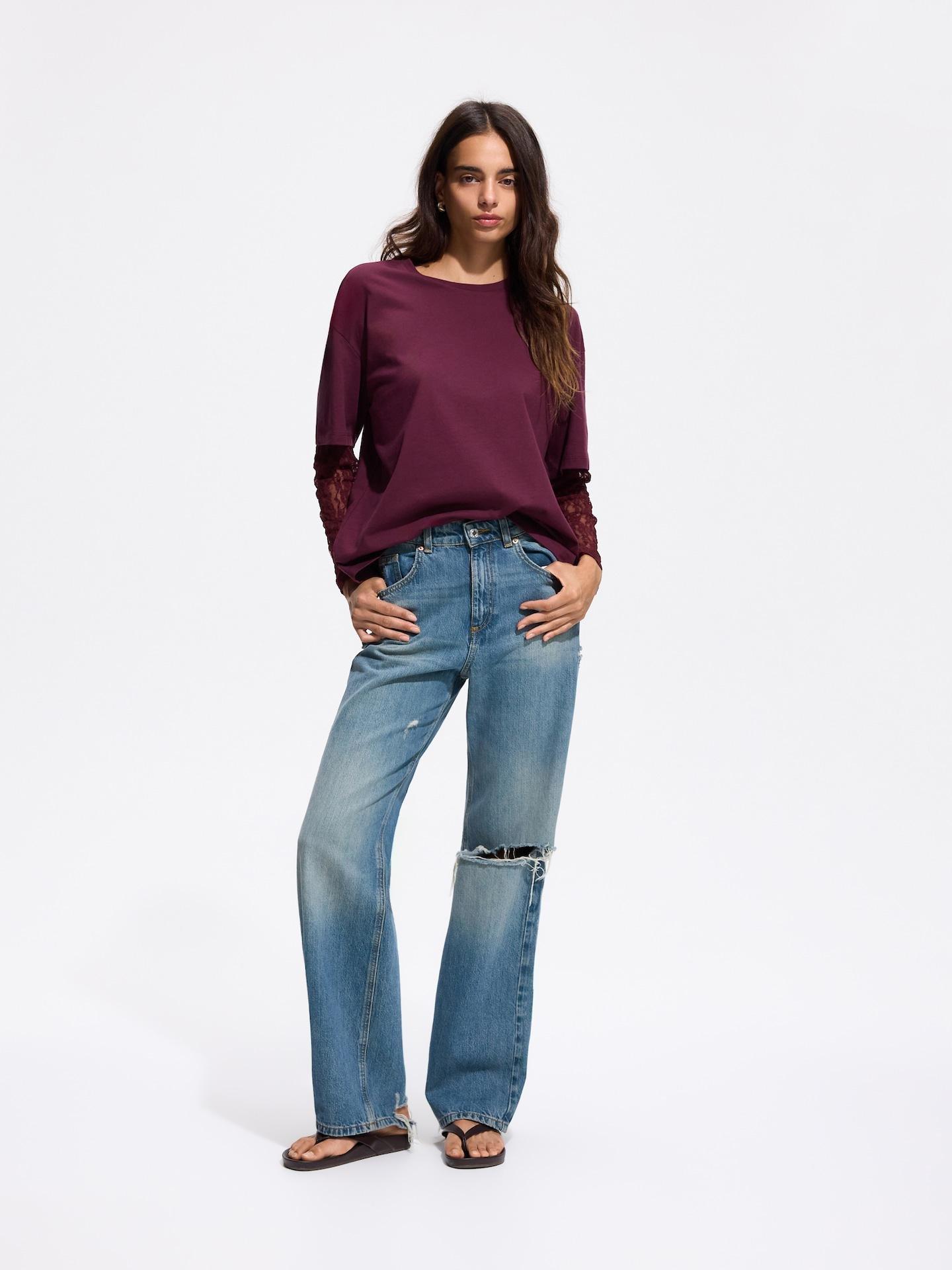 Red Oversize Long Sleeve Top With Lace, Burgundy, large image number 2