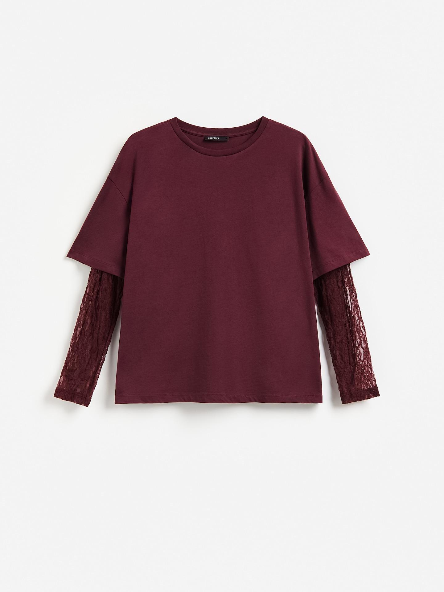 Red Oversize Long Sleeve Top With Lace, Burgundy, large image number 4