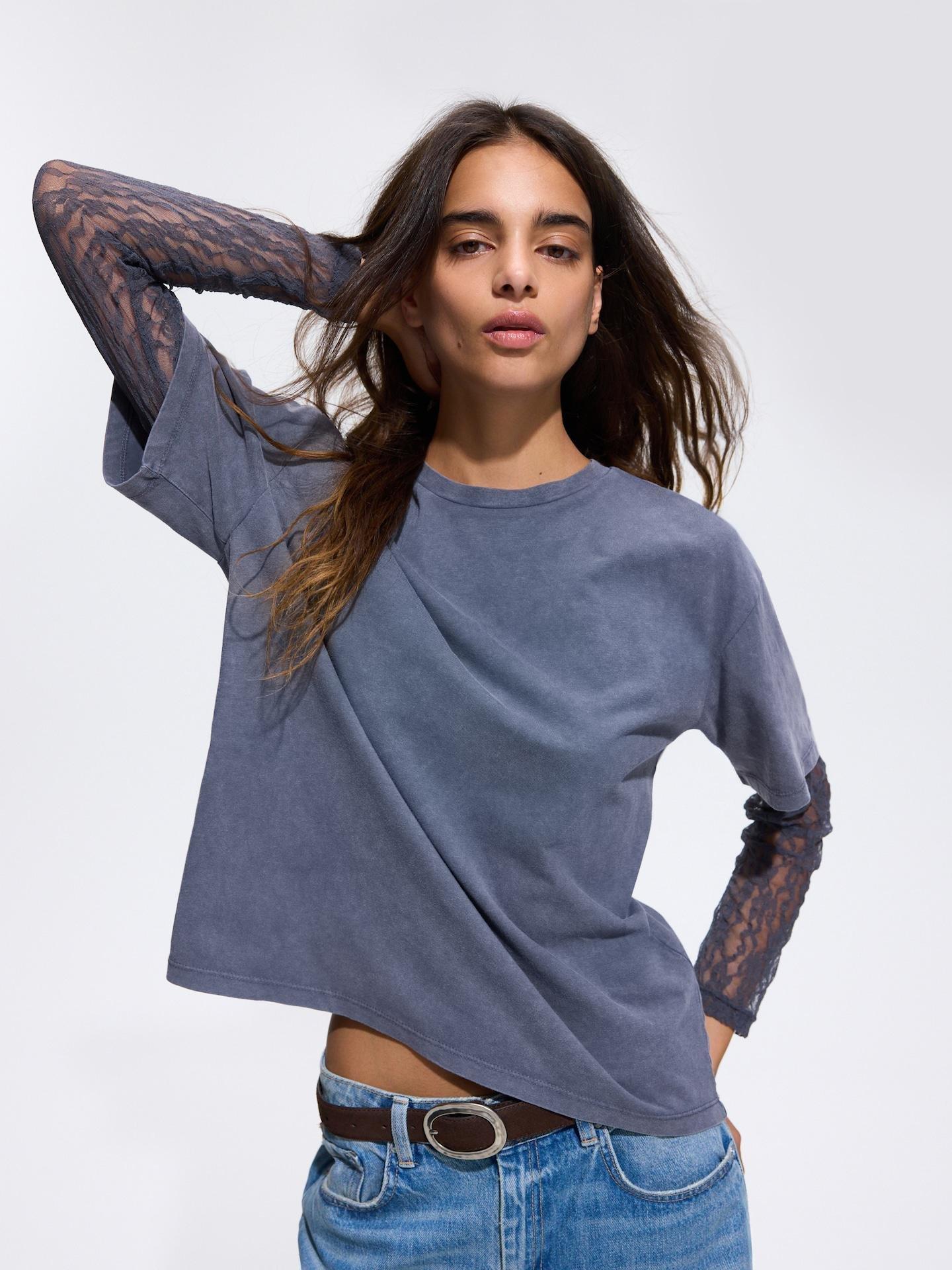 Grey Oversize Long Sleeve Top With Lace, Grey, medium