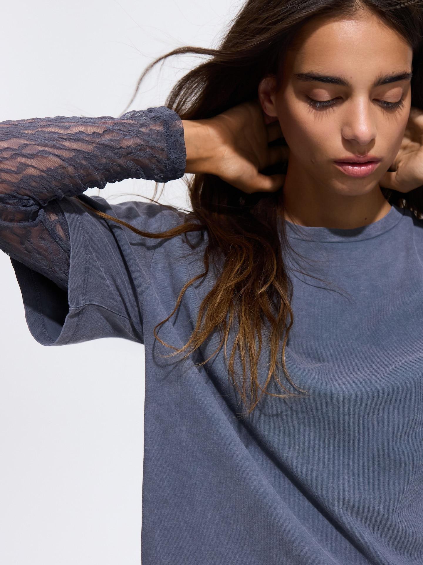Grey Oversize Long Sleeve Top With Lace, Grey, large image number 2