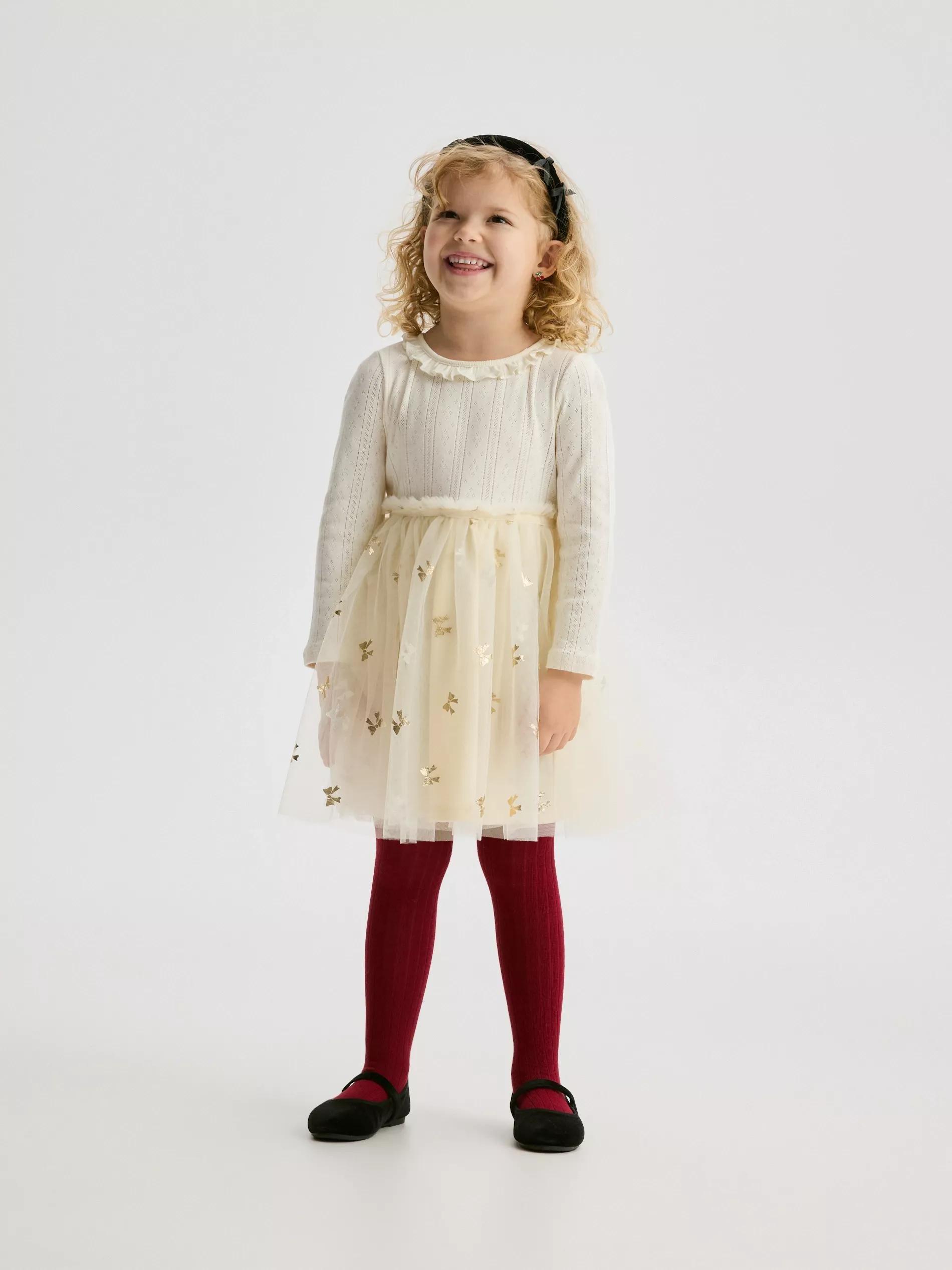 Beige Cotton Dress With Tulle Hem, Ivory, large image number 1