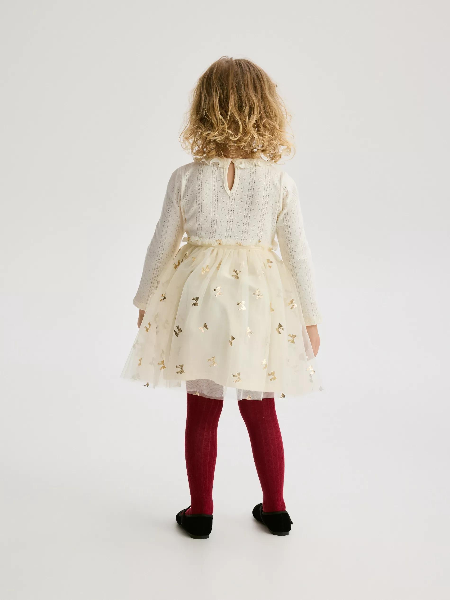 Beige Cotton Dress With Tulle Hem, Ivory, large image number 4