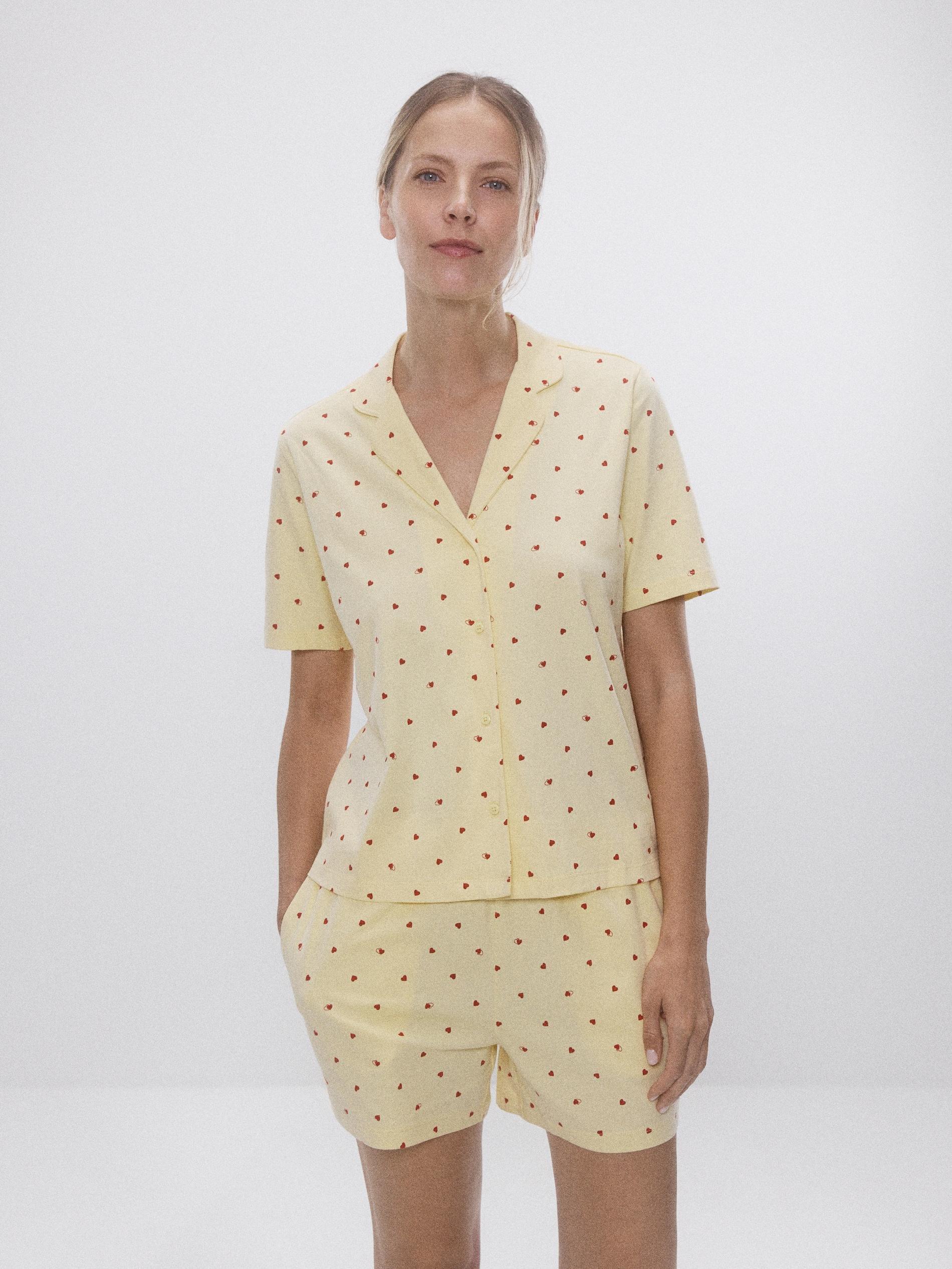 Yellow Two Piece Pyjama Set With Heart Print, Yellow, large image number 0