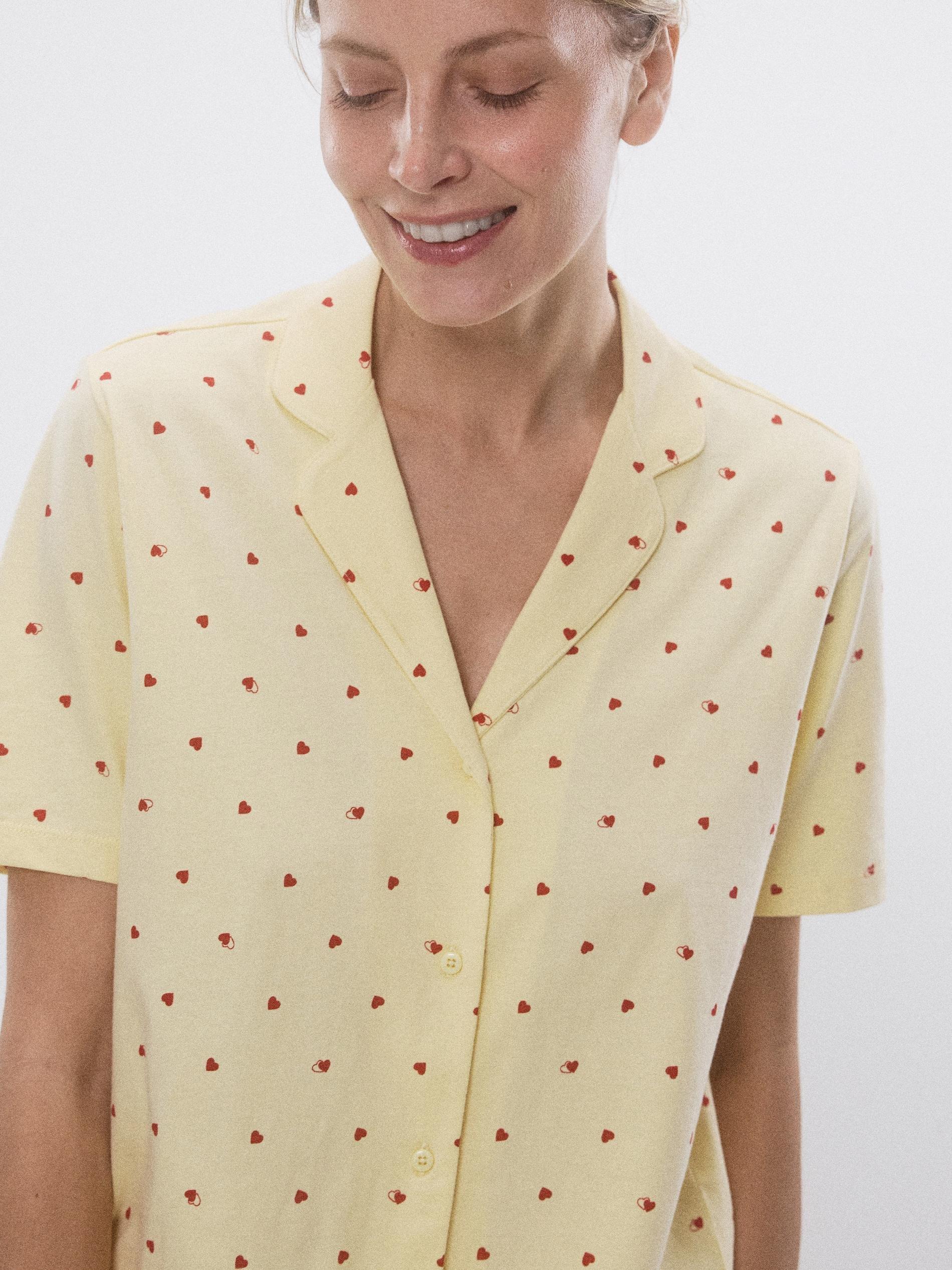 Yellow Two Piece Pyjama Set With Heart Print, Yellow, large image number 1